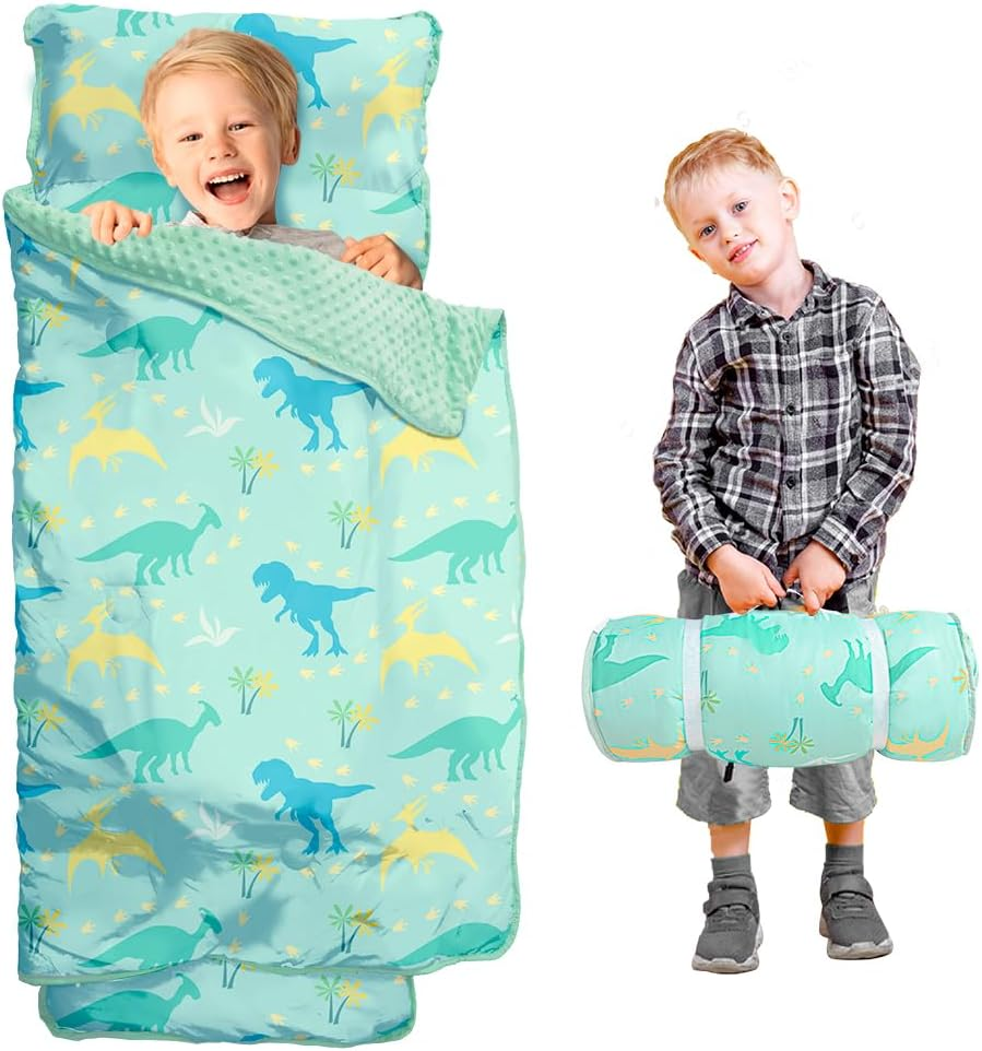 55"X22"X3" Nap Mat with Removable Pillow & Blanket, Kids Sleeping Bag with Reinforced Seams, Super Thick Padding Toddler Nap Mat for Daycare,Preschool,Kindergarten