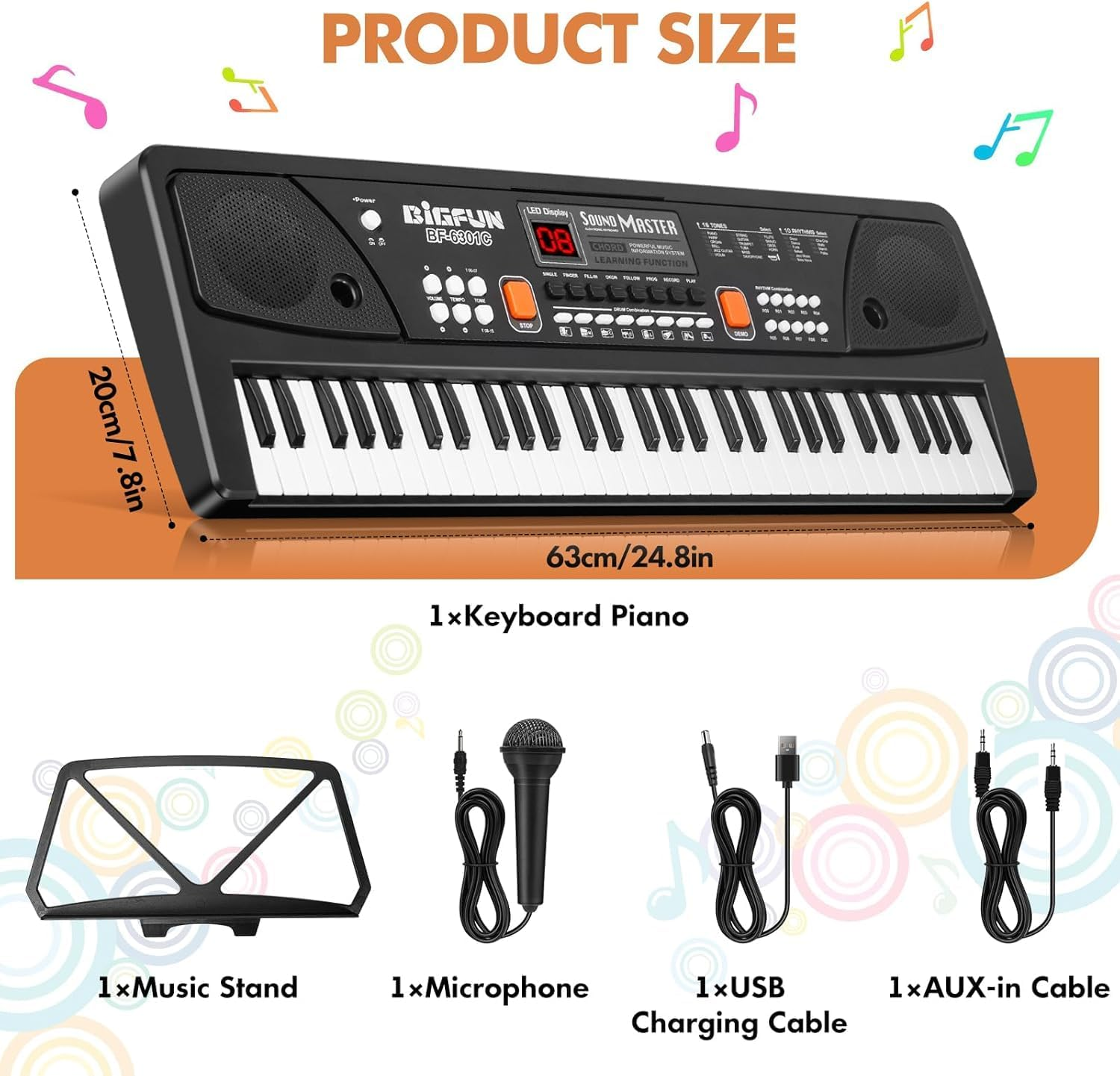 61-Key Kids Piano Keyboard for Beginners - Rechargeable Electronic Music Toy Piano with Music Stand Microphone LED Display AUX in - Birthday for 3-9 Year Old Boys Girls (Black)