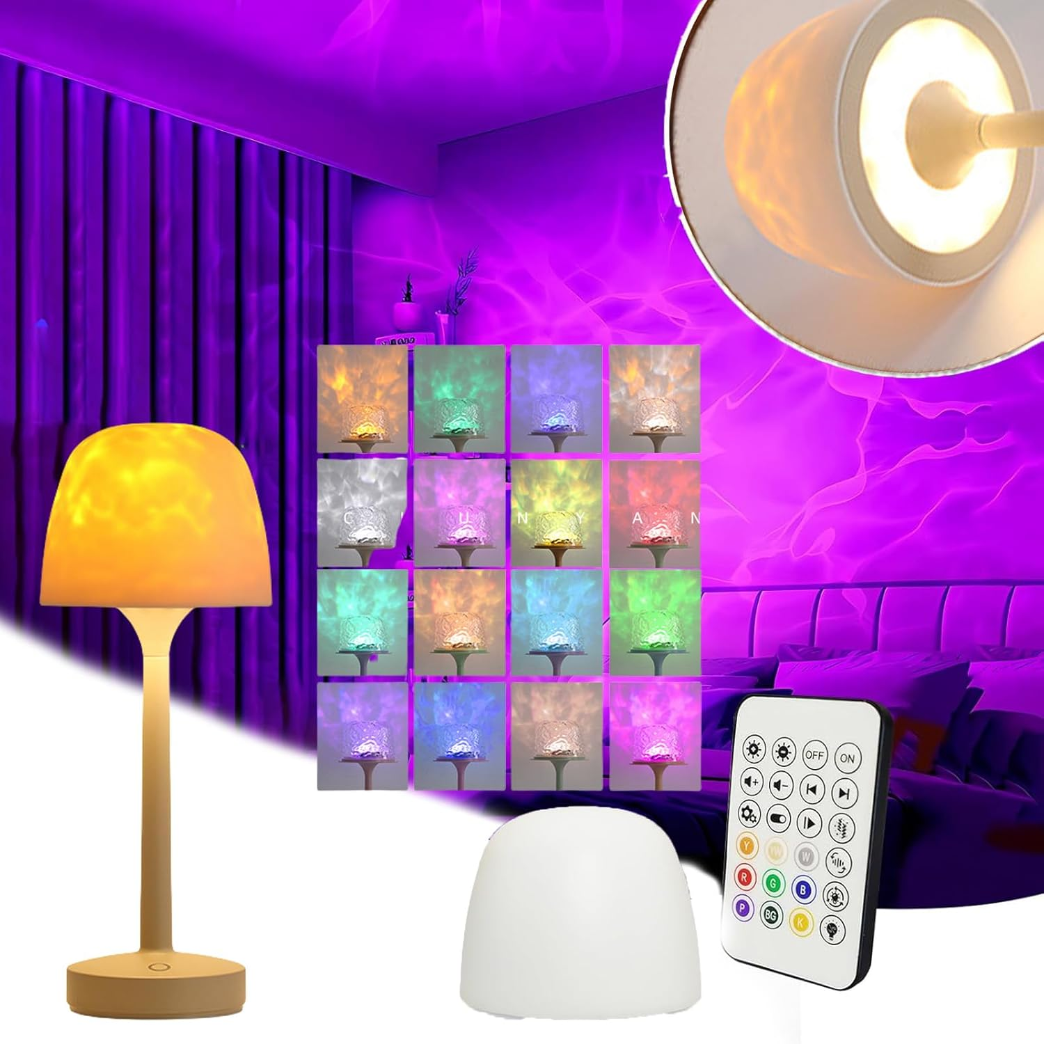 Ocean Wave Projector Lamp with Lampshade 16 Colors Gradual Rotating Flame Lamp, Mushroom Lamp with 3 Colors, Water Ripple Night Light with Remote Control, Atmosphere Lights for Party/Gift,White image number 5