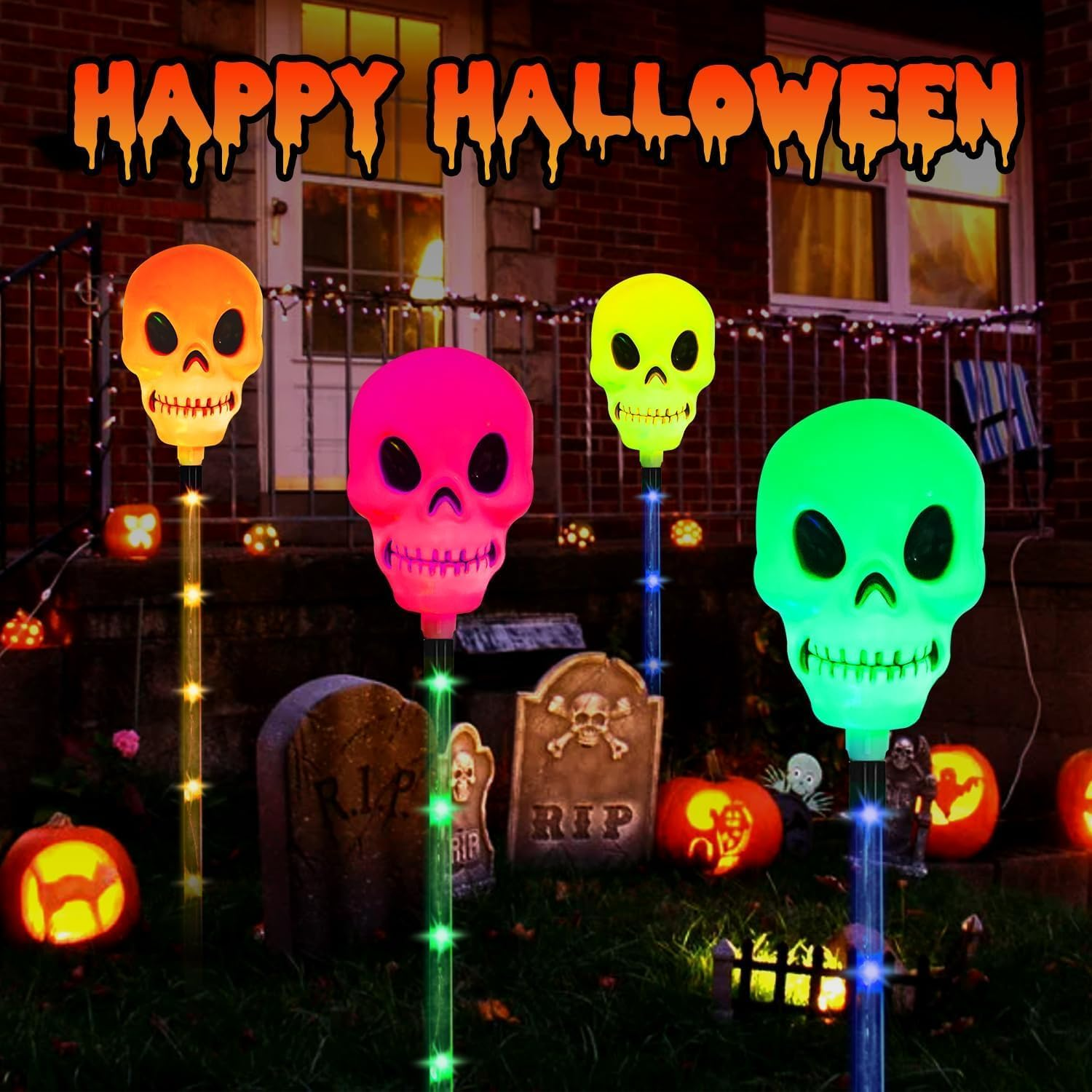 XIJUAN Halloween Decor 4-Set Solar Pathways Lights with Multi-Color Waterproof Skeleton Lights for Halloween Decorations Outdoor outside for Yard Garden Walkway Lawn image number 3