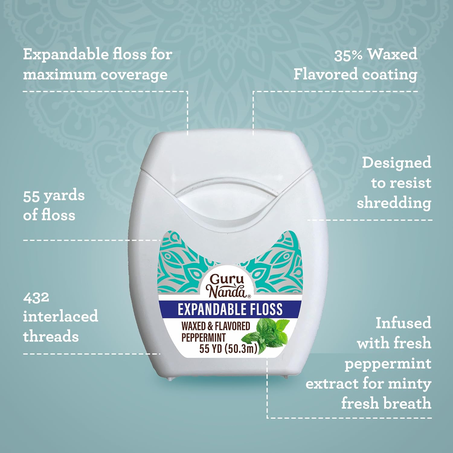Gurunanda Expandable Waxed Dental Floss for Gentle, Deep Cleaning Wide Teeth Flossing - Peppermint Flavor - 55 Yards image number 1