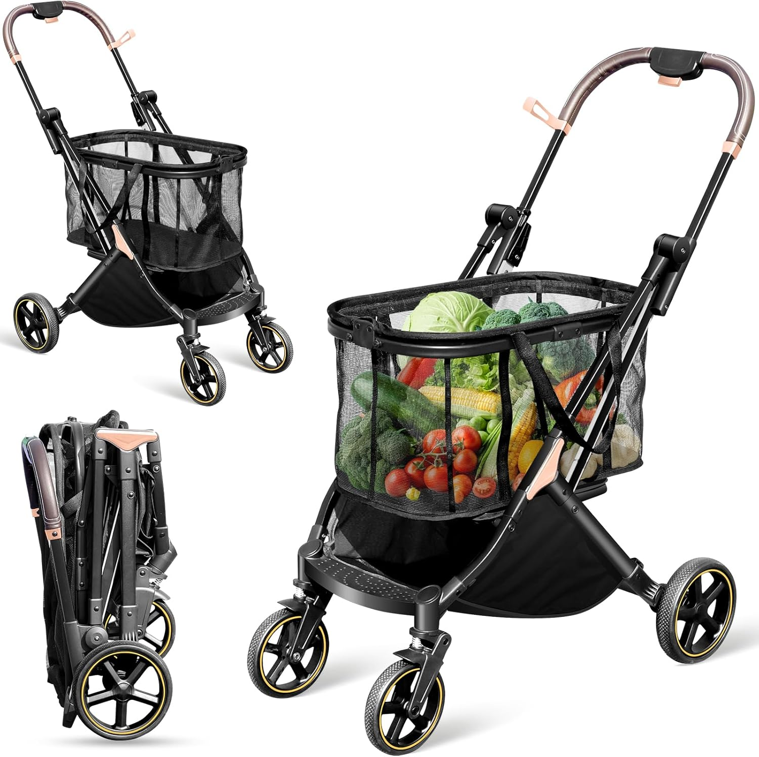 SNSUTY Foldable Shopping Cart, 85 Liters Grocery Cart Utility Carts, Two Layers Shopping Trolley with Wheels ＆ Stylish Removable Tote, One-Handed Compact Fold, and One-Step Parking Brake Multi Use image number 4