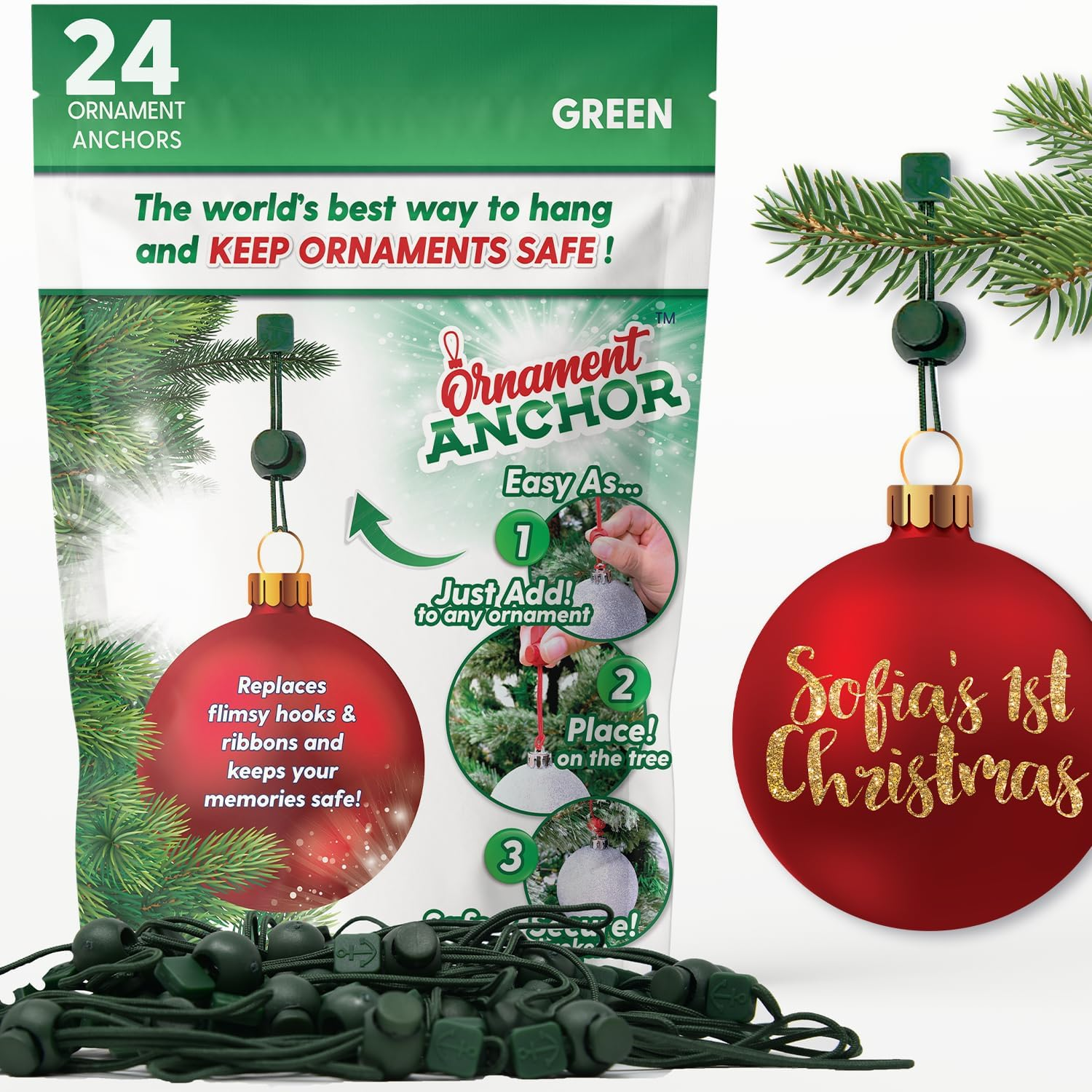 ORNAMENT ANCHOR Ornament Hooks for Hanging Christmas Decorations - No-Slip Hanging Hooks for Xmas - Heavy Duty Christmas Tree Ornaments Hanger Hooks for Small & Large Ornaments (Green, 24 Count) image number 2