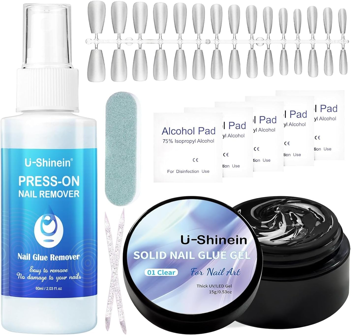 U-Shinein 60ML Nail Glue Remover Spray with Solid Nail Glue Gel for Press on Nails, Easy Remove Solid Nail Glue Gel on Fake Nail Tips, Not for Gel-Base Glue or Gel Nail Polish
