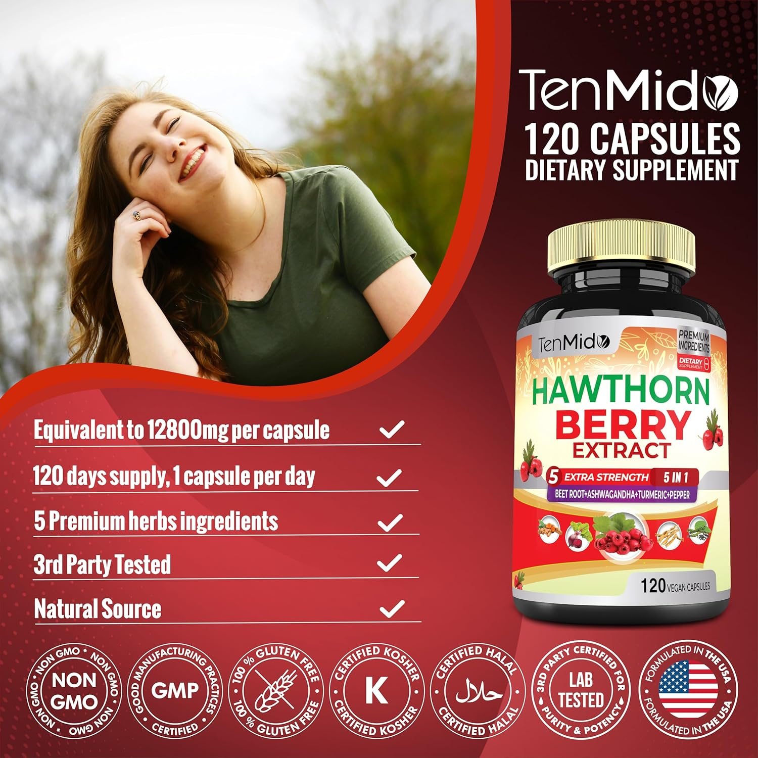 Hawthorn Berry Supplement Extract Capsules 12800Mg - 120 Vegan Capsules for 4 Months - Combined Beet Root, Ashwagandha, Turmeric Curcumin & Black Pepper - Supports Heart Health & Energy Production image number 3