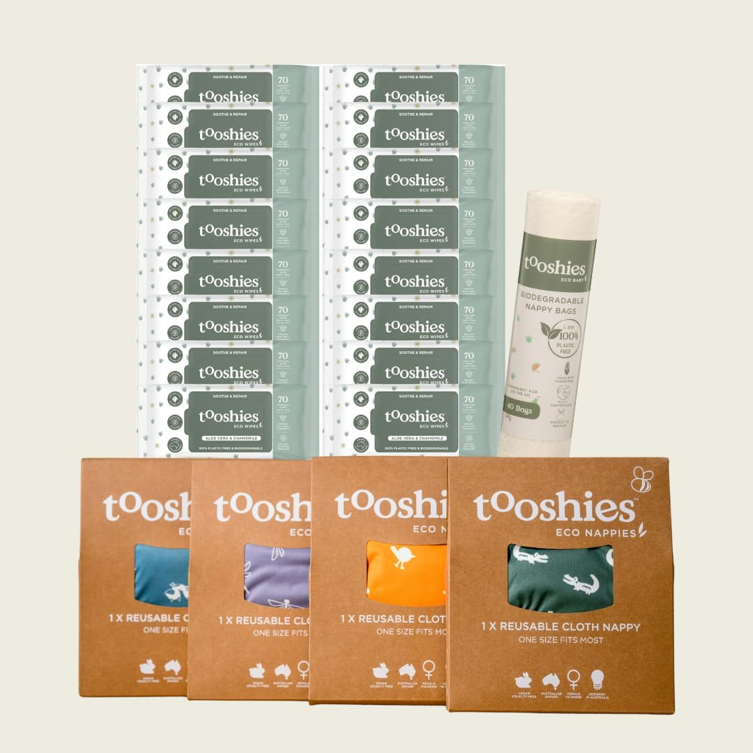 Tooshies Reusable Cloth Nappies, 4 Pack + Tooshies Aloe Vera & Chamomile Eco Wipes, 1120 Pack image number 1