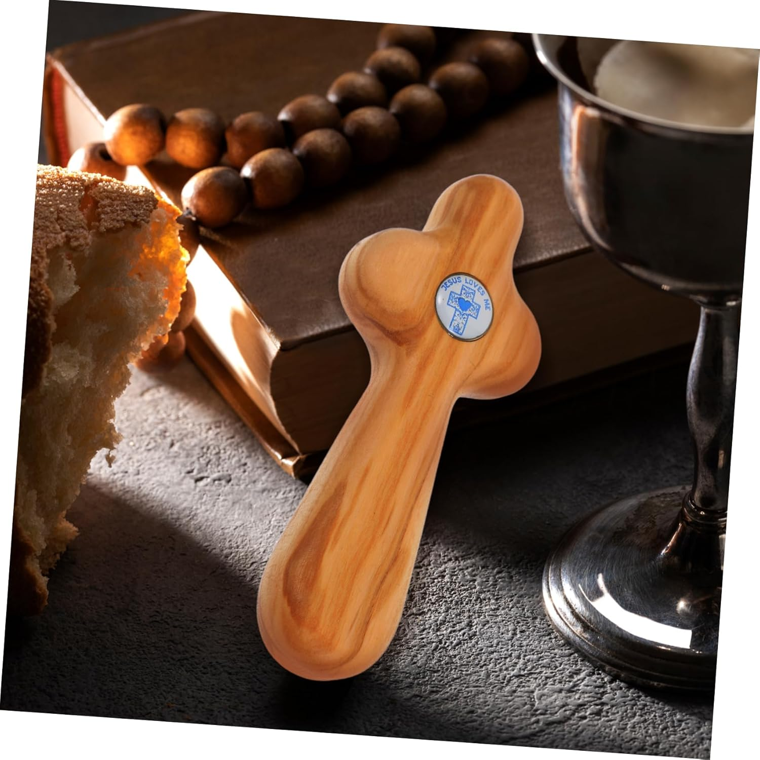 KALLORY Small Handheld Olive Wood Cross for Baptism and Confirmation Unique Artisan Crafted Christian Pocket Prayer Cross for First Holy Communion and Religious Ceremonies image number 6