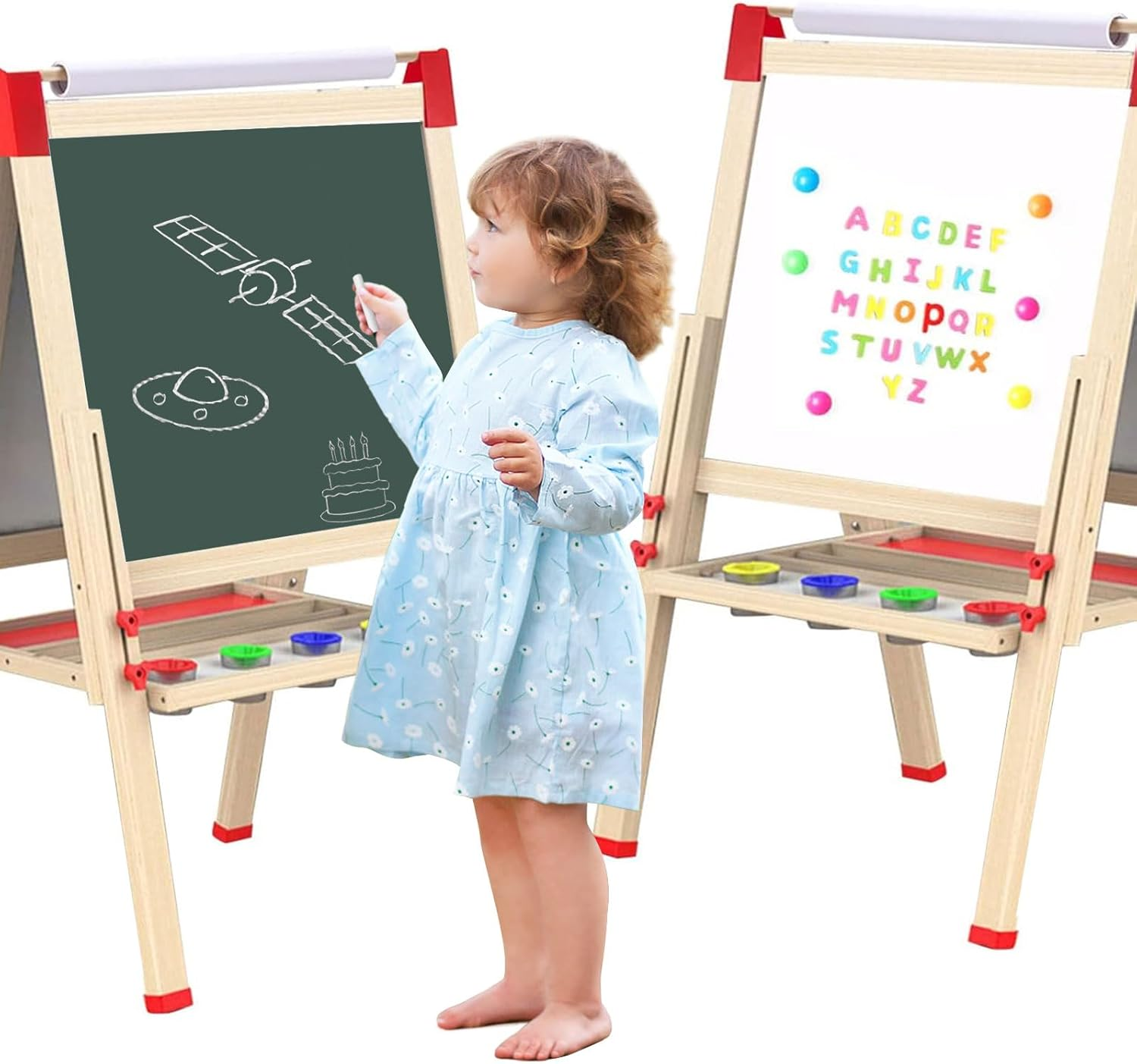 65X65Cm Adjustable Kids Art Easel for Kids - 3-In-1 Double-Sided Magnetic Chalkboard & Whiteboard with Paper Roll Chalk Board for Kids Wooden Toddler Easel for Kids, Art Set for Creative Play,65X65Cm image number 6