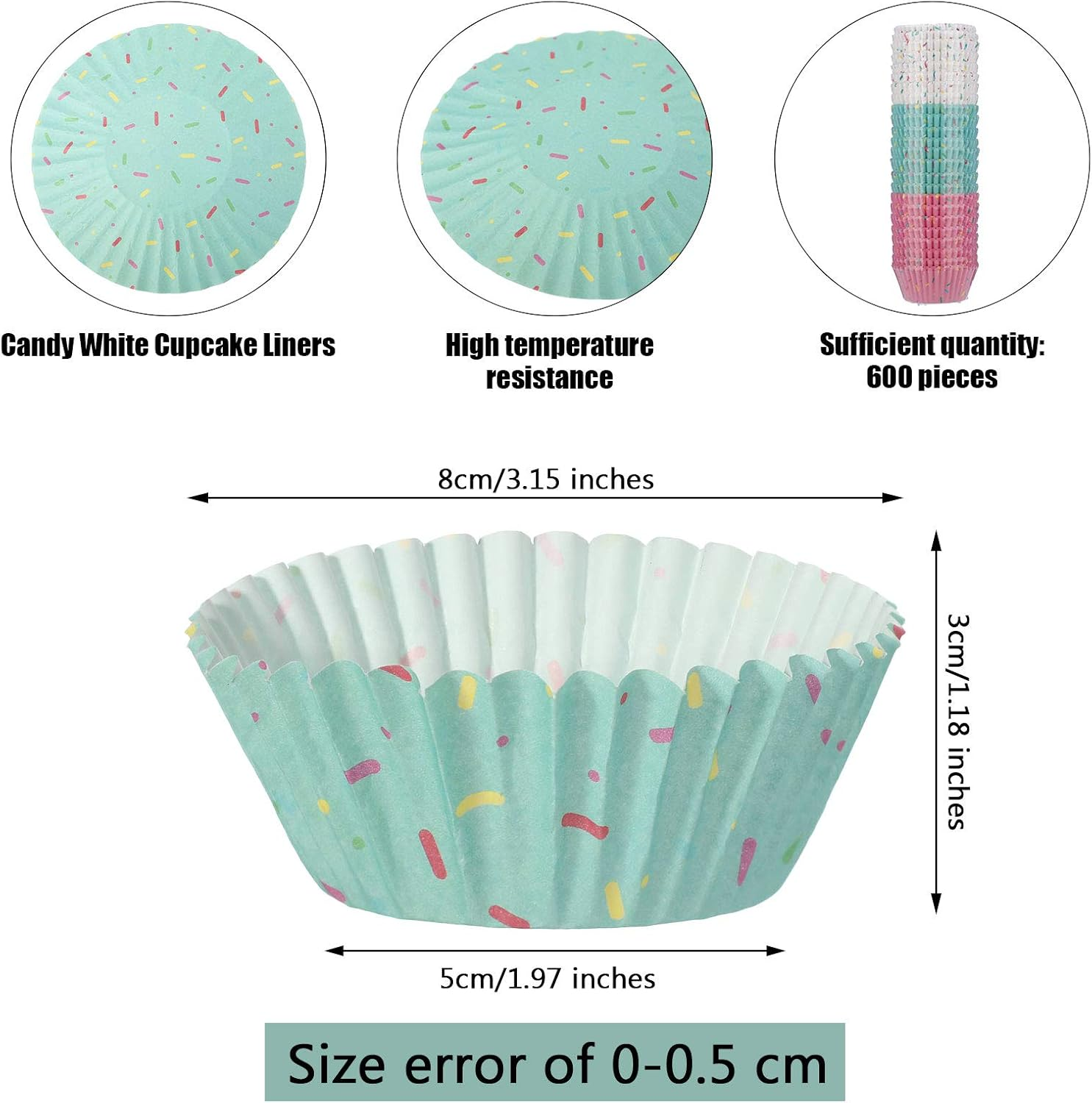 600 Pieces Cupcake Liners Colorful Paper Baking Cups Cupcake Wrappers Wraps Muffin Case Trays for Christmas Candyland Donut Party Decorations(White, Blue and Pink) - Delicate Color image number 7