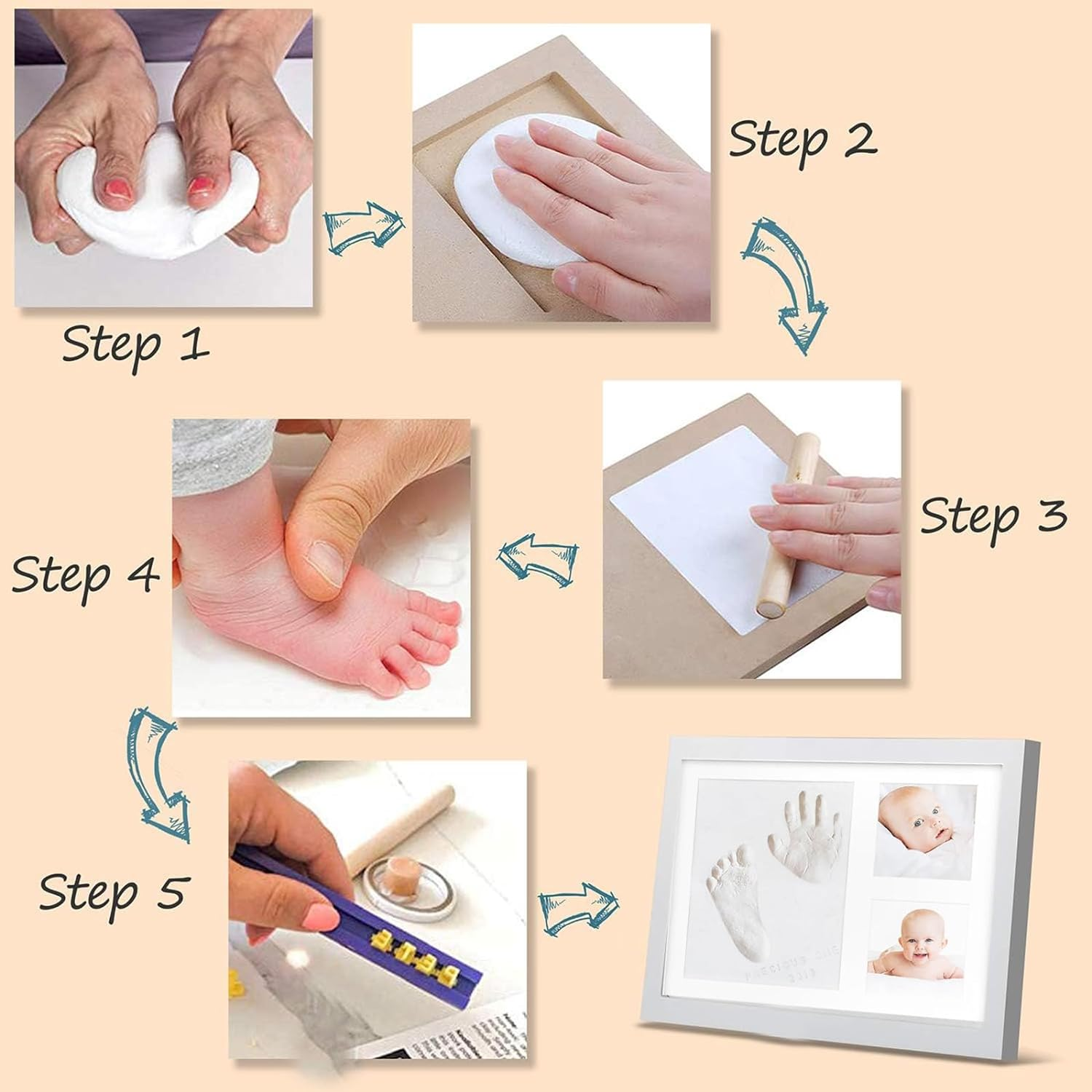 Baby Hand and Footprint Kit, Keepsake Frame for Newborn Boys & Girls Baby Shower Gifts for Mom with Clay Pin Tape Hook Frame image number 2