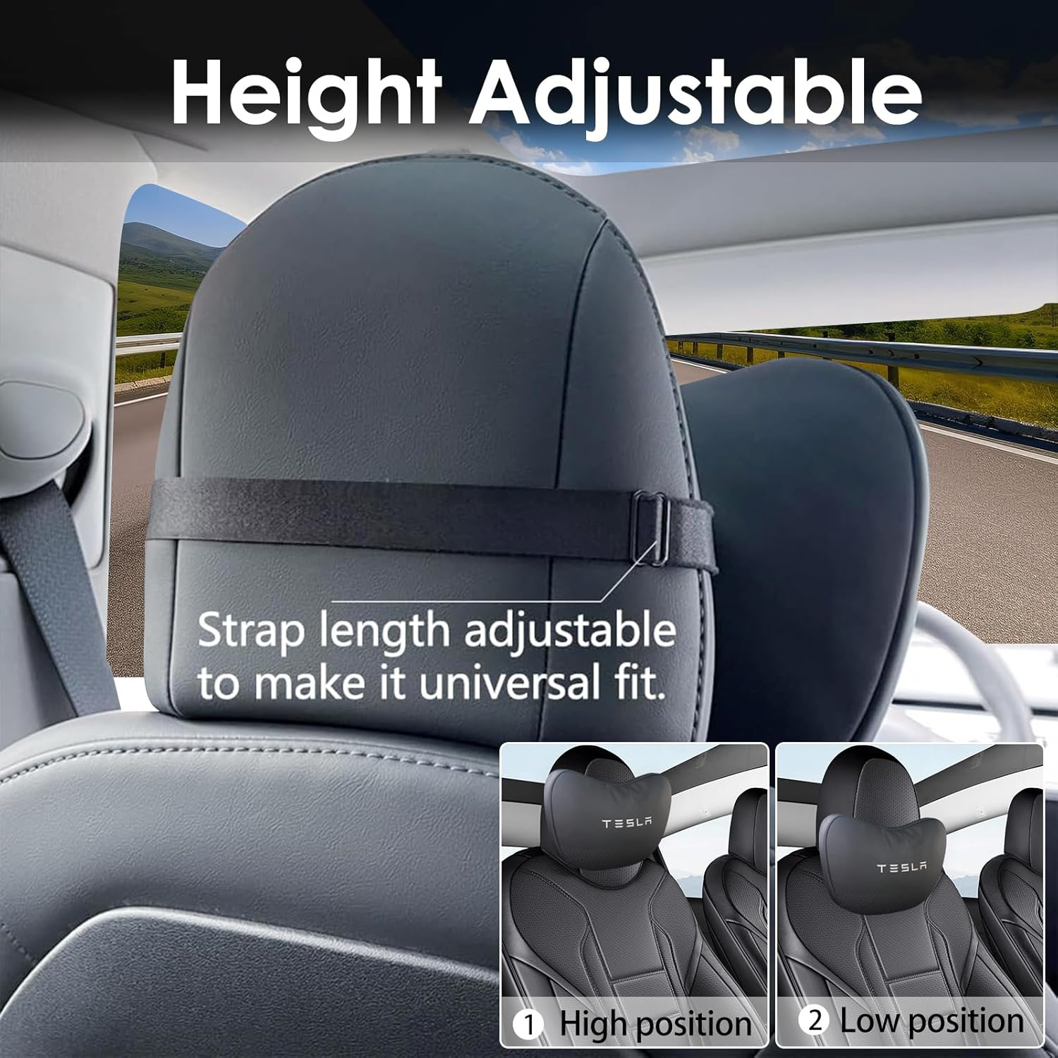 Car Neck Pillow for Tesla Model 3 Model Y Model S Model X Cybertruck and Most Cars, 2 Packs Memory Foam Neck Support Headrest for Tesla, Adjustable Car Seat Head Rest Pillow (Black) - Black image number 3