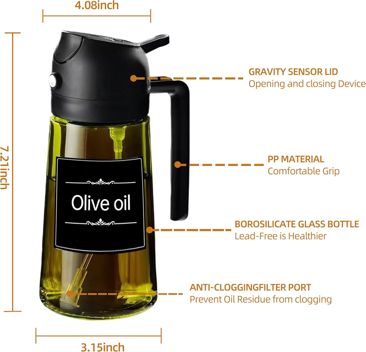 LYCIDAE Oil Sprayer, 2-In-1 Oil Spray Bottle & Dispenser, 16Oz/470Ml Sunlight-Resistant Glass Bottle with Pourer, for Cooking, Salad, Frying, BBQ (470Ml-Black) - Dark Brown image number 6