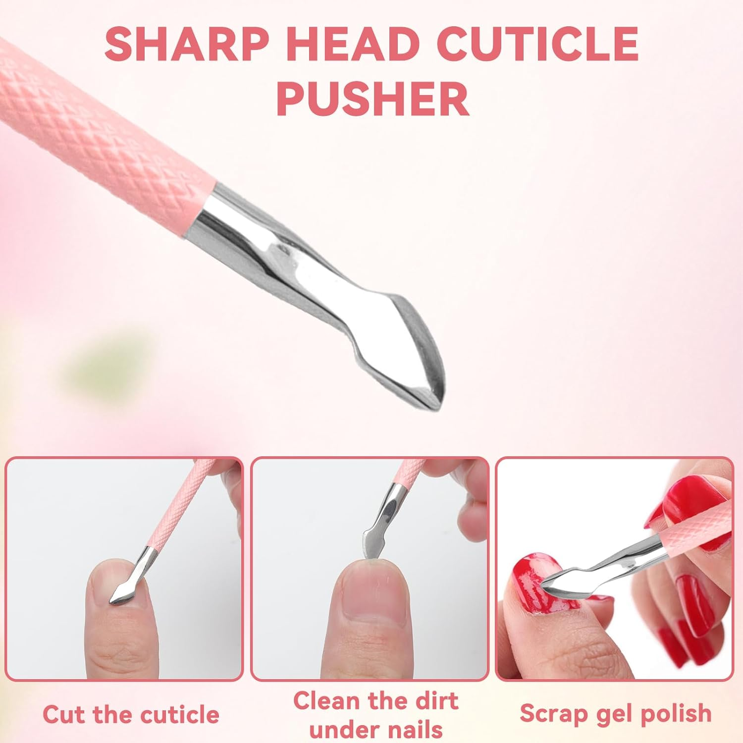 TNSLAND Cuticle Pusher for Manicure Pink Stainless Steel Cuticle Pusher Metal 12.7 Cm with 20 Sandpaper Nail Cleaner Fingernails, Professional Nail Pusher Nail Art Tool for Nail Care, Nail Studio