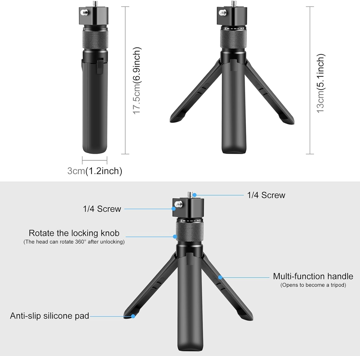 PULUZ Insta 360 Bullet Time Handle for Insta360 X3 X4 X5 ONE X2, Mini Tripod Stand with Daul 1/4 Screws for Gopro Hero 12 11 10 9 8 7 6 5 for DJI Osmo Action 3 4 5 Pro, Osmo 360 - Support14 image number 6