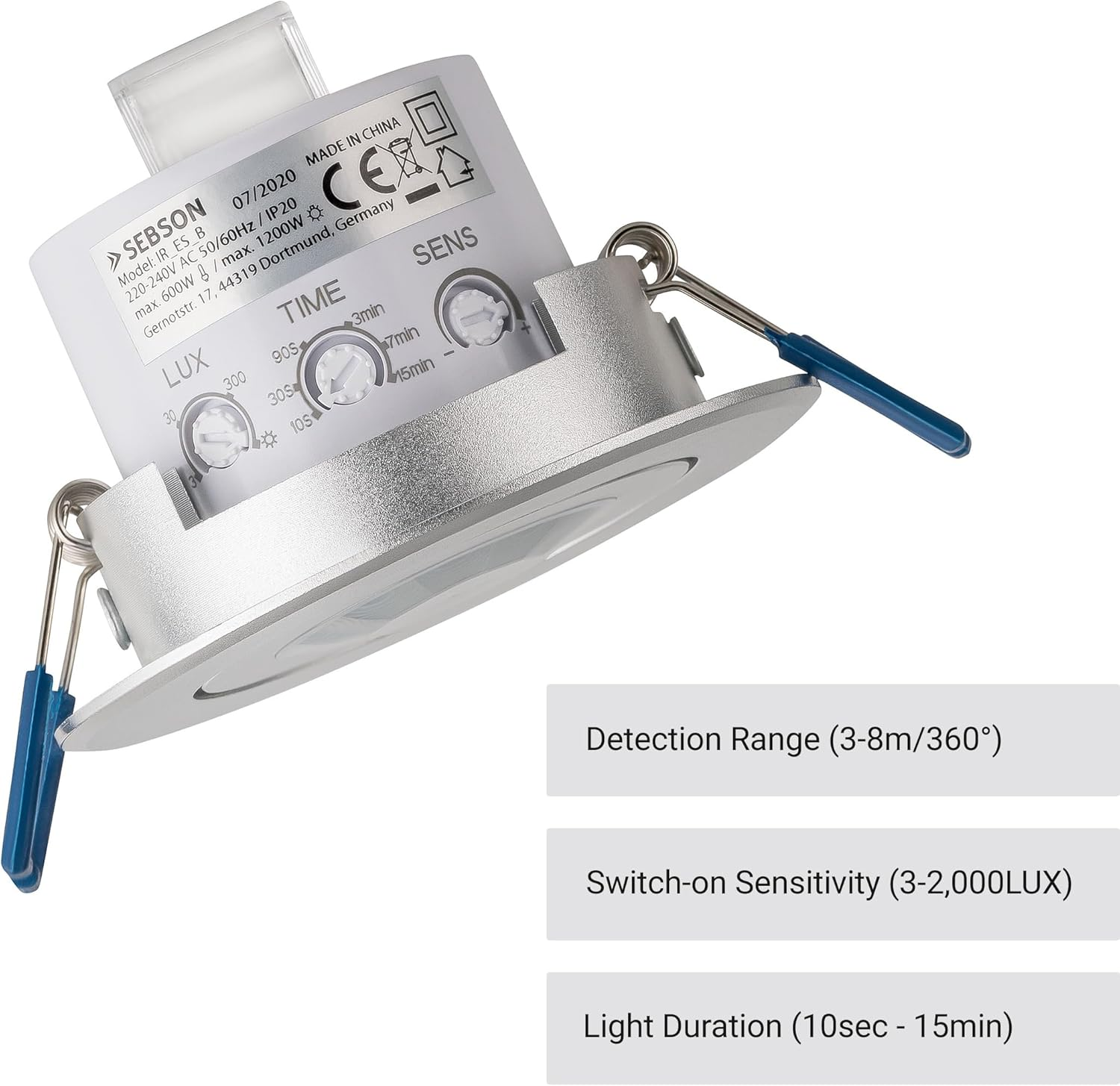 SEBSON Indoor Motion Detector, Flush-Mounted Ceiling Mounting, Programmable, Infrared Sensor, Range 3-8 M / 360&deg;, Suitable for LED, Swivelling, 3-Wire image number 6