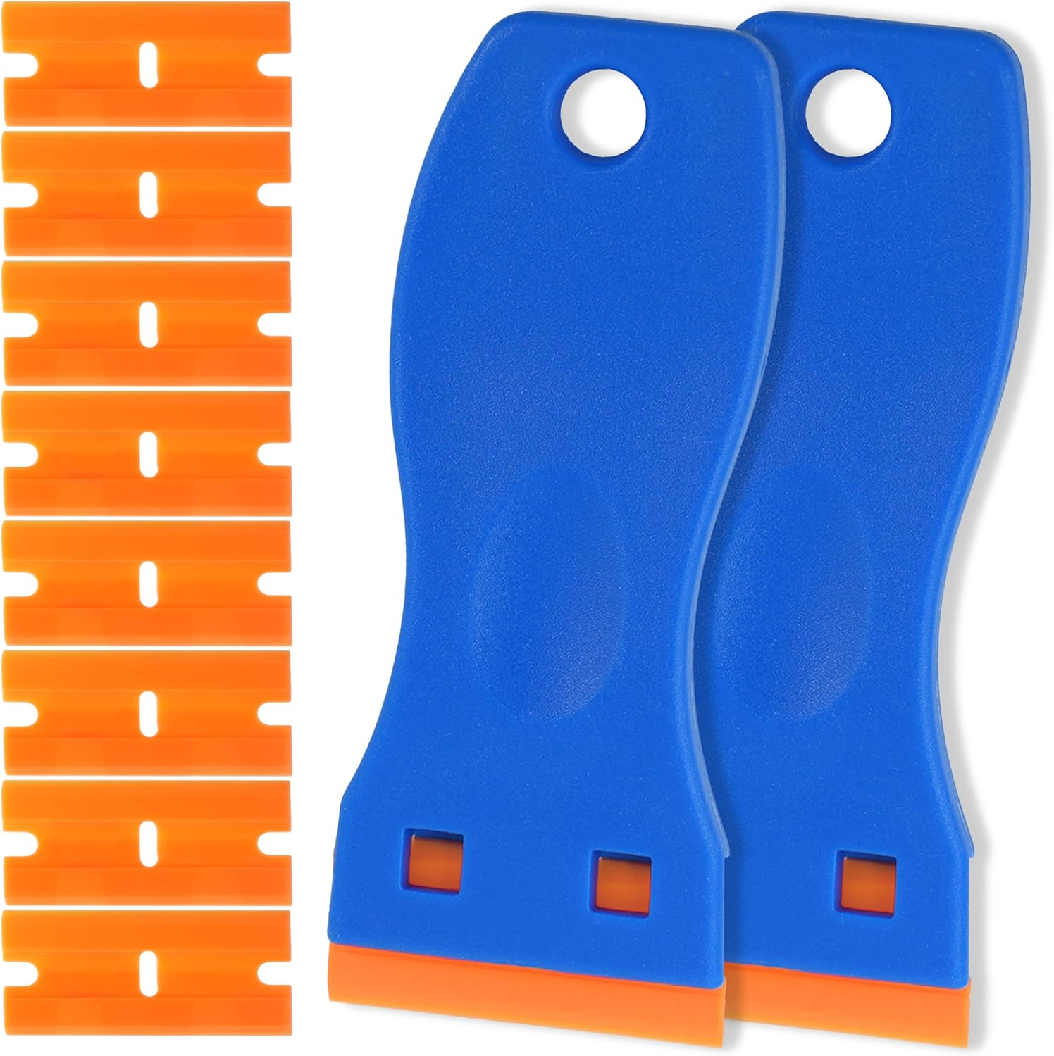 2-Pack Plastic Razor Scraper Tool with 8 Double-Edged Blades - Scratch-Free Sticker Remover for Car Windscreen, Glass, Kitchen, Rego Labels - Safe Adhesive Decal & Glue Removal Gadget