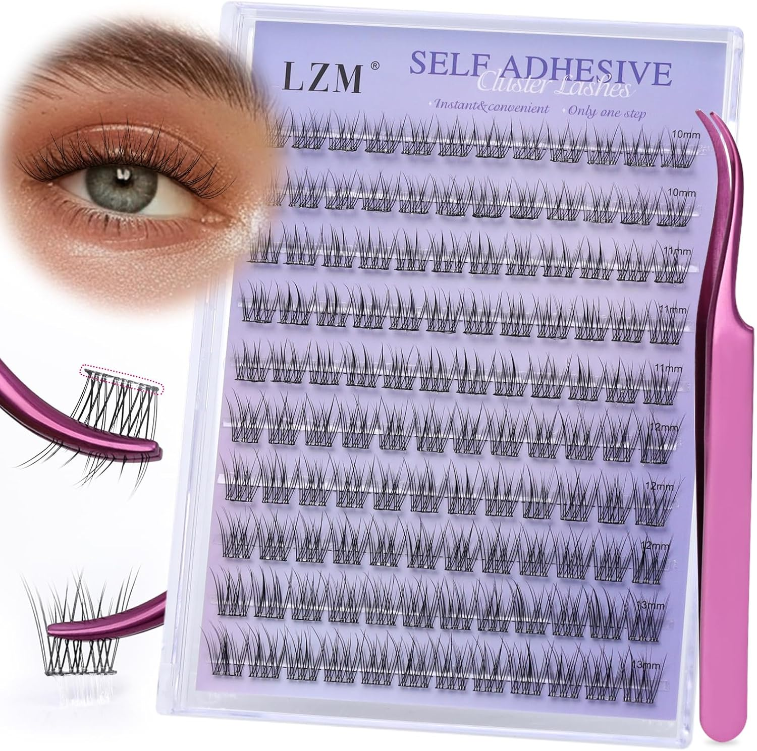 LZM Self Adhesive Lashes Clusters Pre Glued Eyelashes Press-On Lashes Individual Lash Extension with Lash Tweezers No Glue Needed Natural DIY Eyelash Extensions 10-13Mm (Kit-01) image number 3