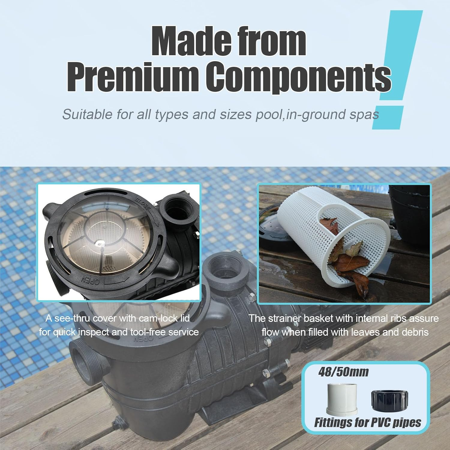 YOUZAQUA Swimming Pool Pumps, 1500W 2.0 HP Inground Pool Pump, 230Vac 370L/M Pool Pump, Also Suitable for above Ground Pools image number 3