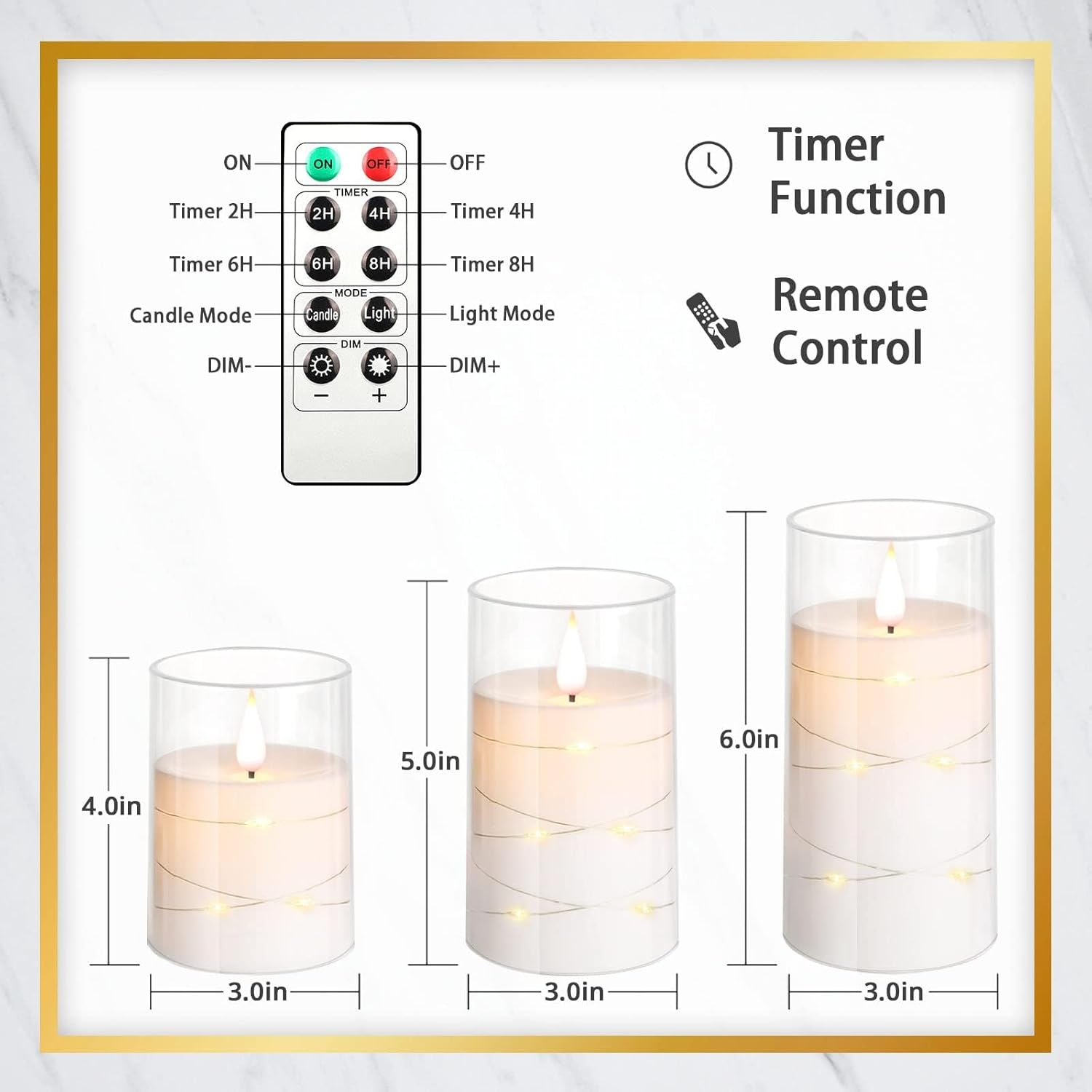 Flickering Flameless Candles: Built-In Star String Lights Unbreakable 3D Wick Acrylic Battery Operated LED Pillar Candles with Remote (White, 4" 5" 6") image number 7