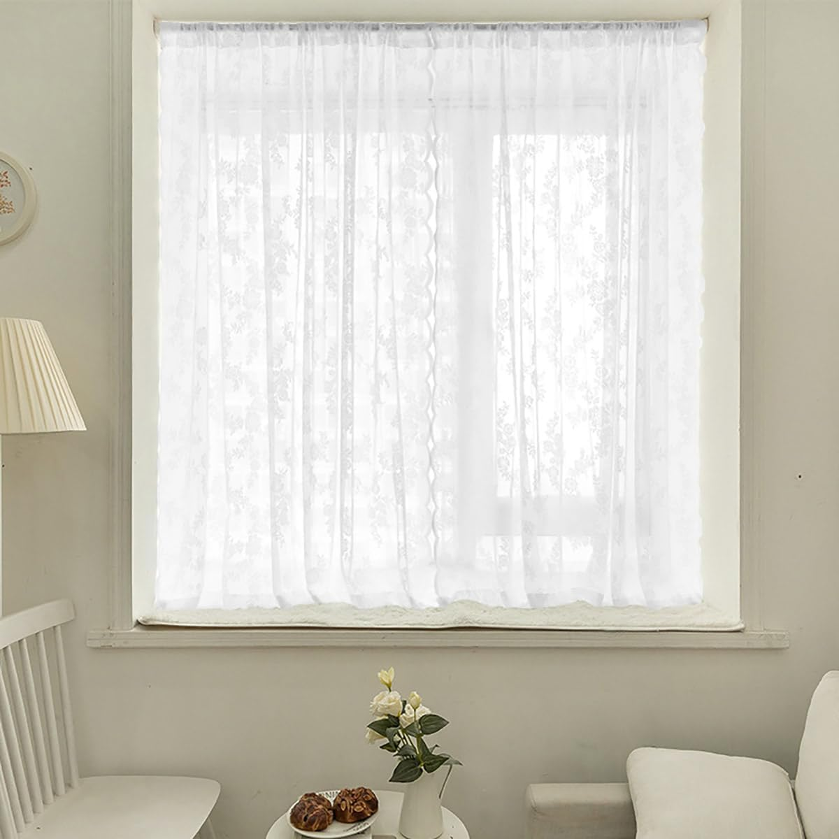 AIMALL Elegant White Lace Curtains, Punch-Free, Rod-Wearing Design, Ideal for Bedroom and Bay Windows image number 5