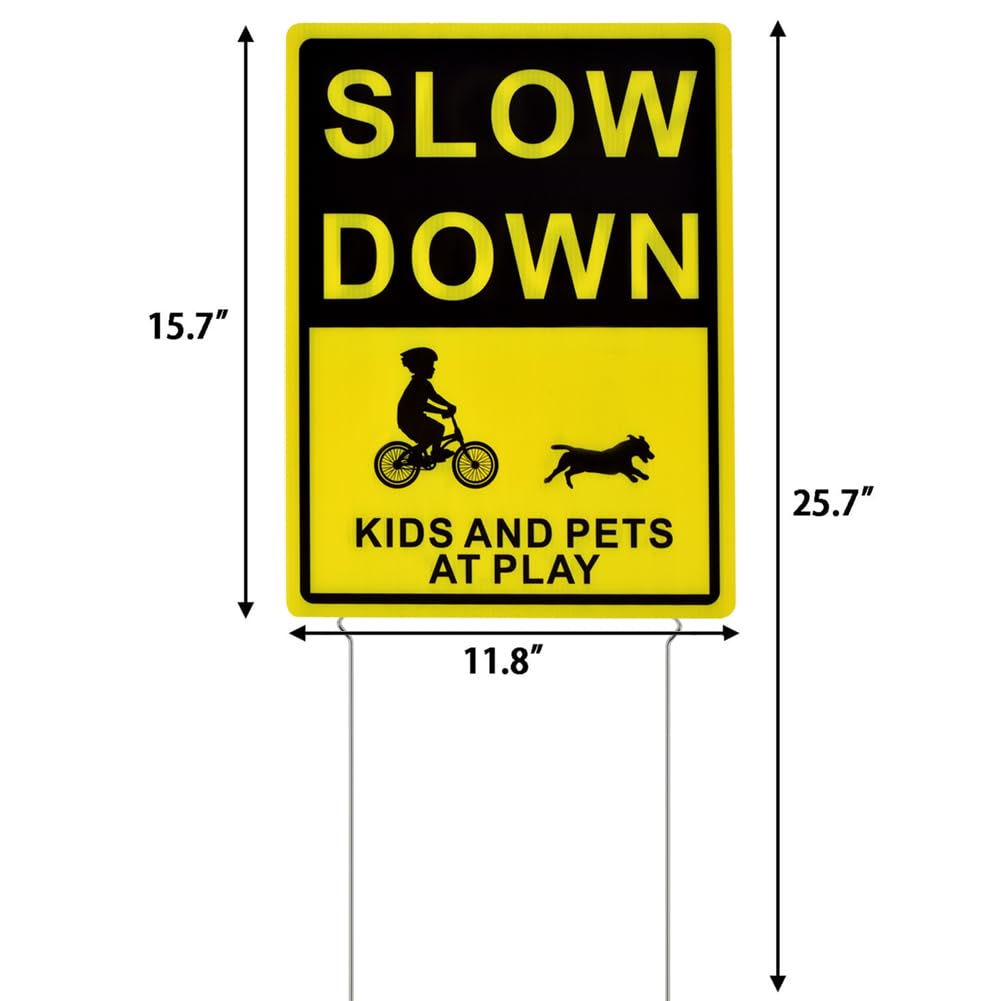 Kichwit 2 Pack Double Sided Slow down Kids and Pets at Play Yard Signs with Metal Stakes, Sign Measures 11.8 X 15.7 Inches image number 3