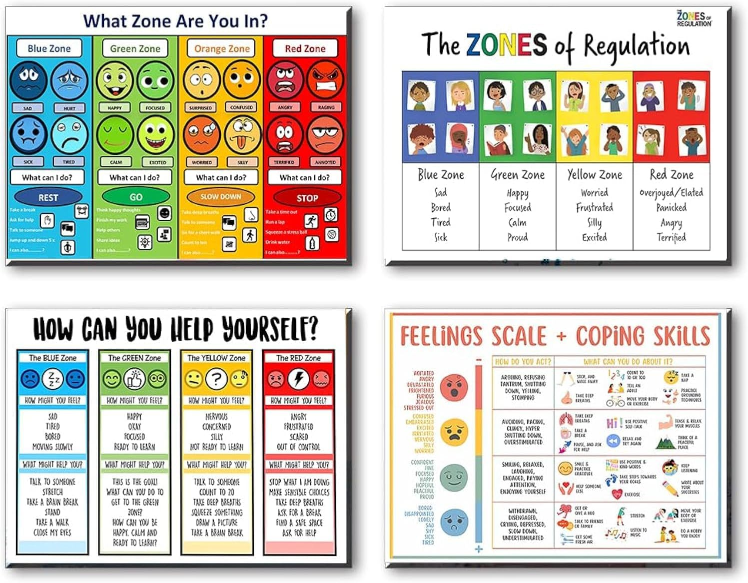 CULION Zones of Regulation Poster, Feelings Posters, Feelings Chart for Kids, Emotions Poster, Autism Sensory Products, Set of 4 (08&times;12Inch)