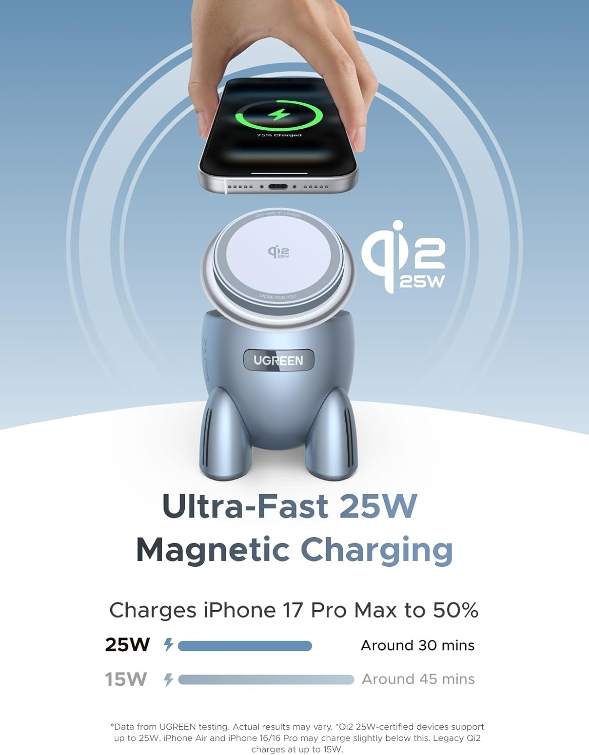 UGREEN Uno 25W Wireless Charger Qi2 Certified, 2-In-1 for Magsafe Charger（Rocket-Shaped） Station, Compatible with Iphone 17/15/14/13/12, Airpods 4/3/2/Pro 2 image number 6