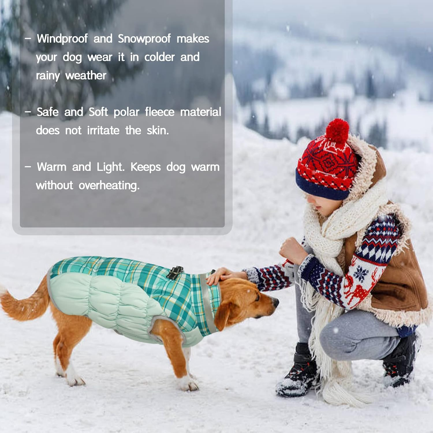 Kuoser Waterproof Dog Coat - Winter Jacket with Fleece Lining, Fur Collar, Reflective Warm Vest for Cold Weather, Green Plaid, Size M image number 5