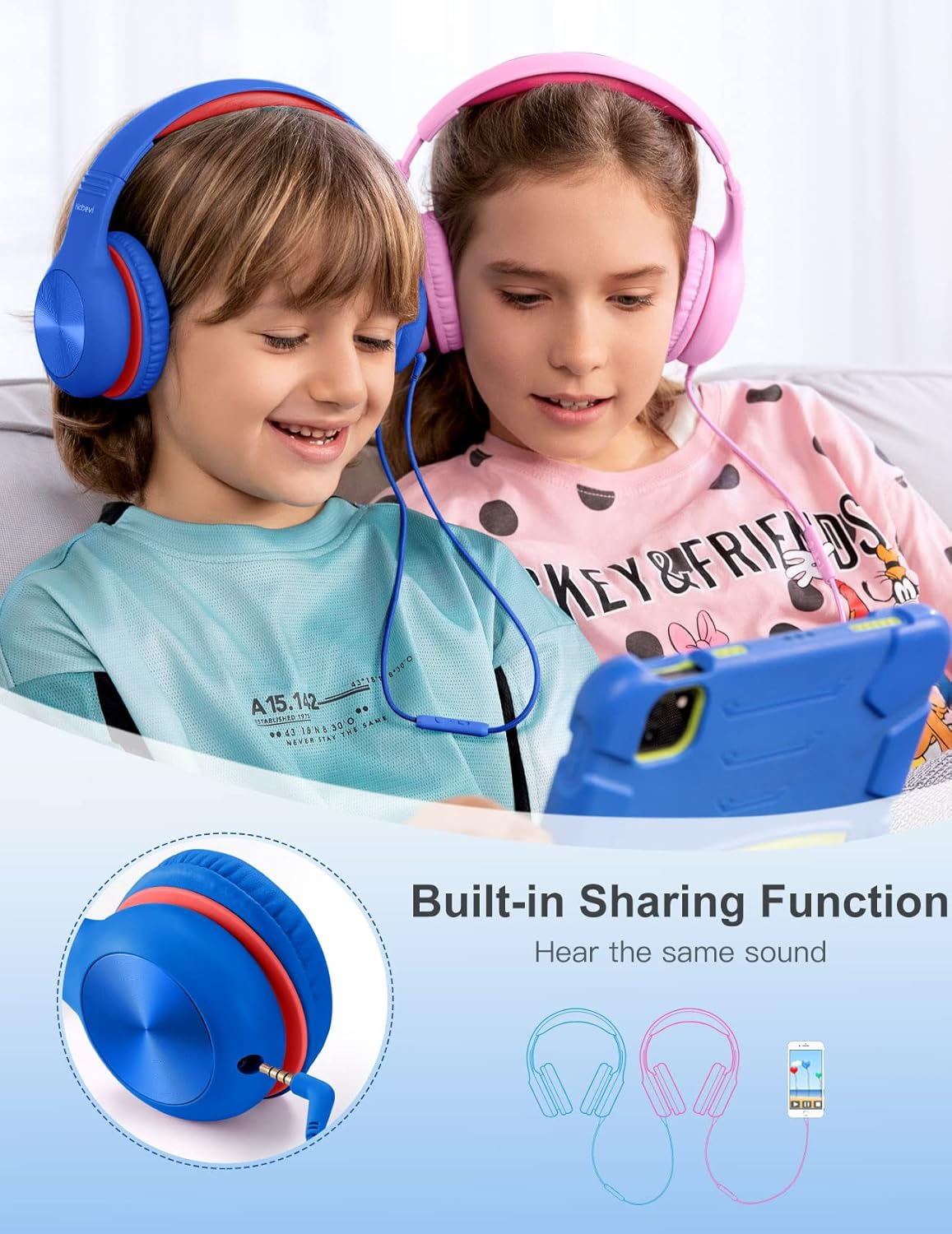 Headphones for Kids for School, Kids Headphones with Microphone, Sharing Function, 85Db/94Db Safe Volume Limit, HD Sound, over Ear Kids Headphones for School, On-Line Study, Travel [Glaze Blue] image number 6