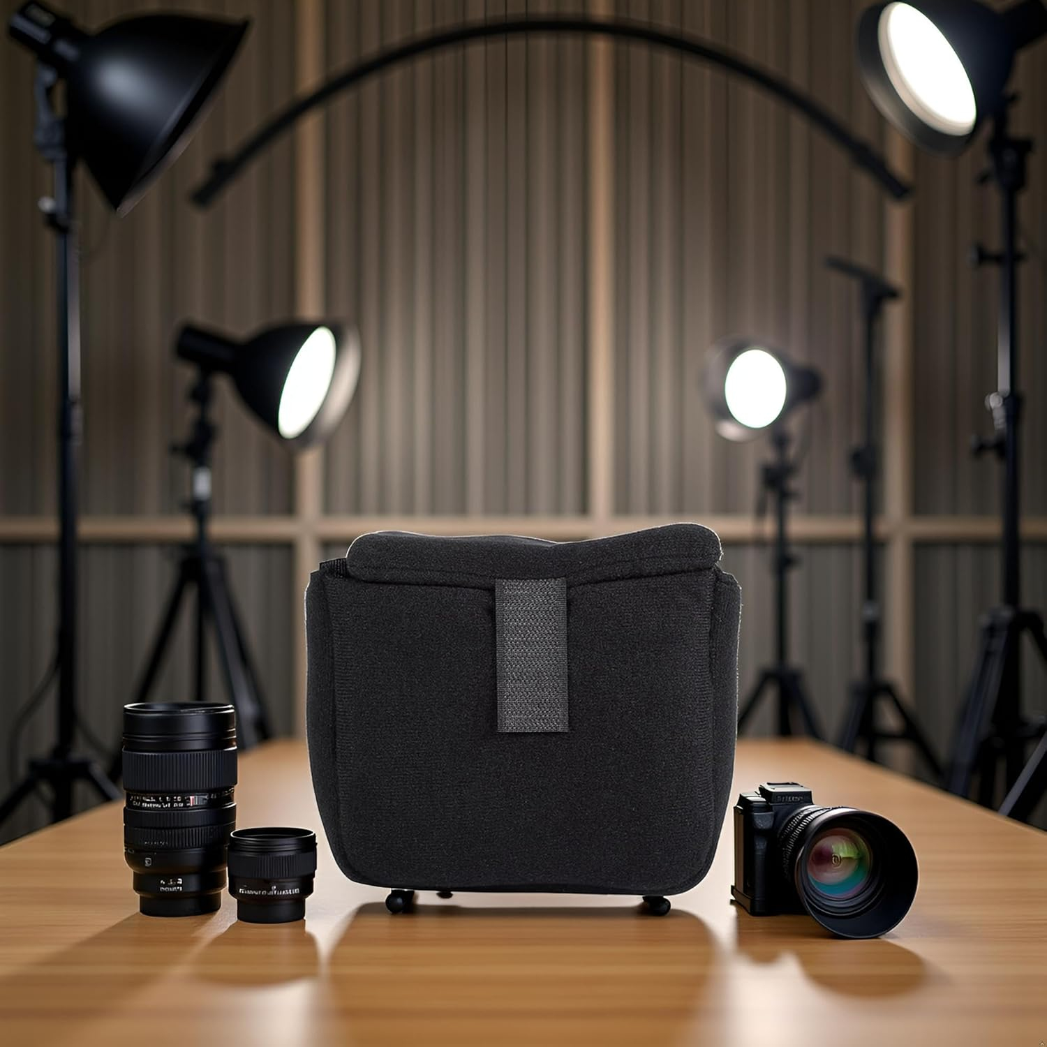 Camera Bag Insert with Velvet Interior, Removable Dividers, Shock Protecte, Hooks Loop Closure (Black) - Red image number 7