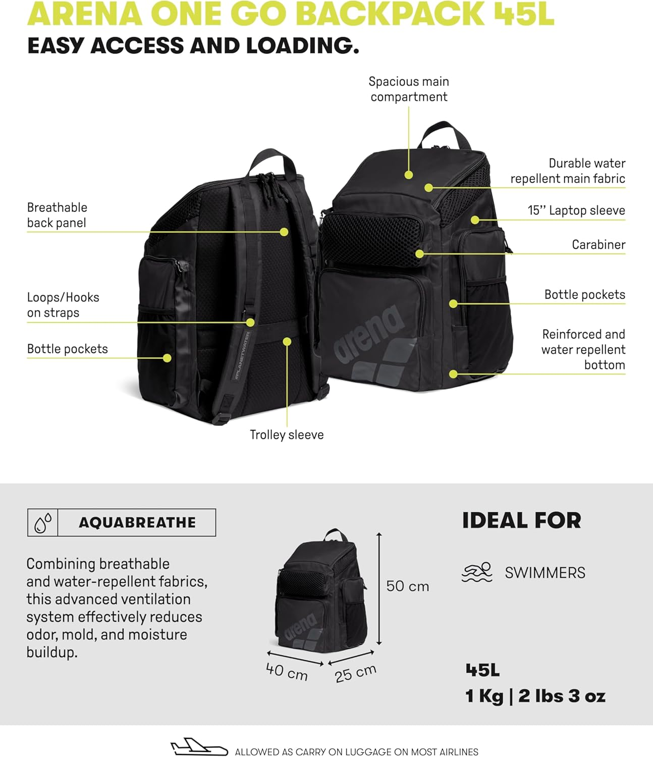 ARENA One Go Swim Sports Backpack Travel Large Size Athletes Equipment Bag 45 Liters image number 6