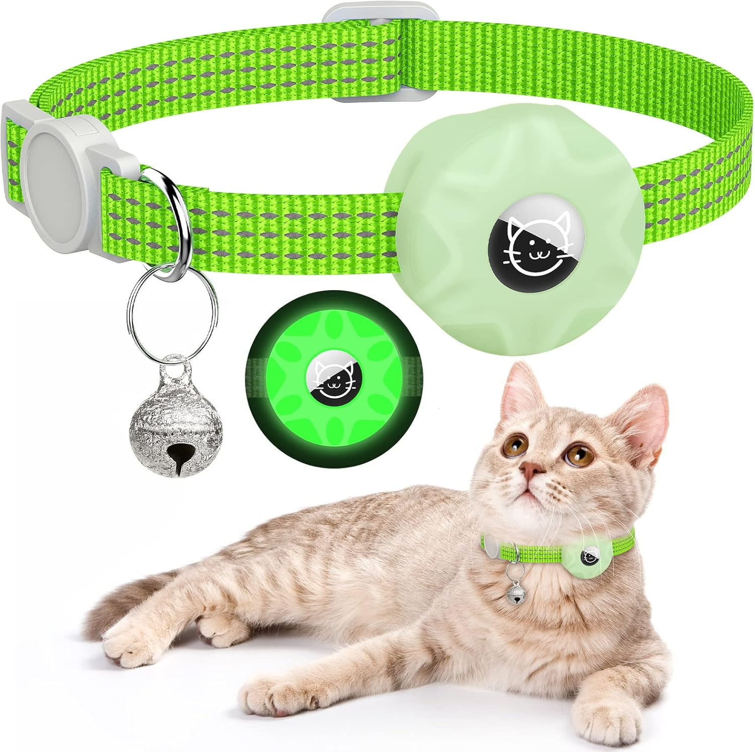 Airtag Cat Collar, Reflective Kitten Collar Breakaway Apple Air Tag Cat Collar, GPS Cat Collar with Airtag Holder and Bell, Lightweight Tracker Cat Collars for Girl Boy Cats Puppies (Luminous Blue)