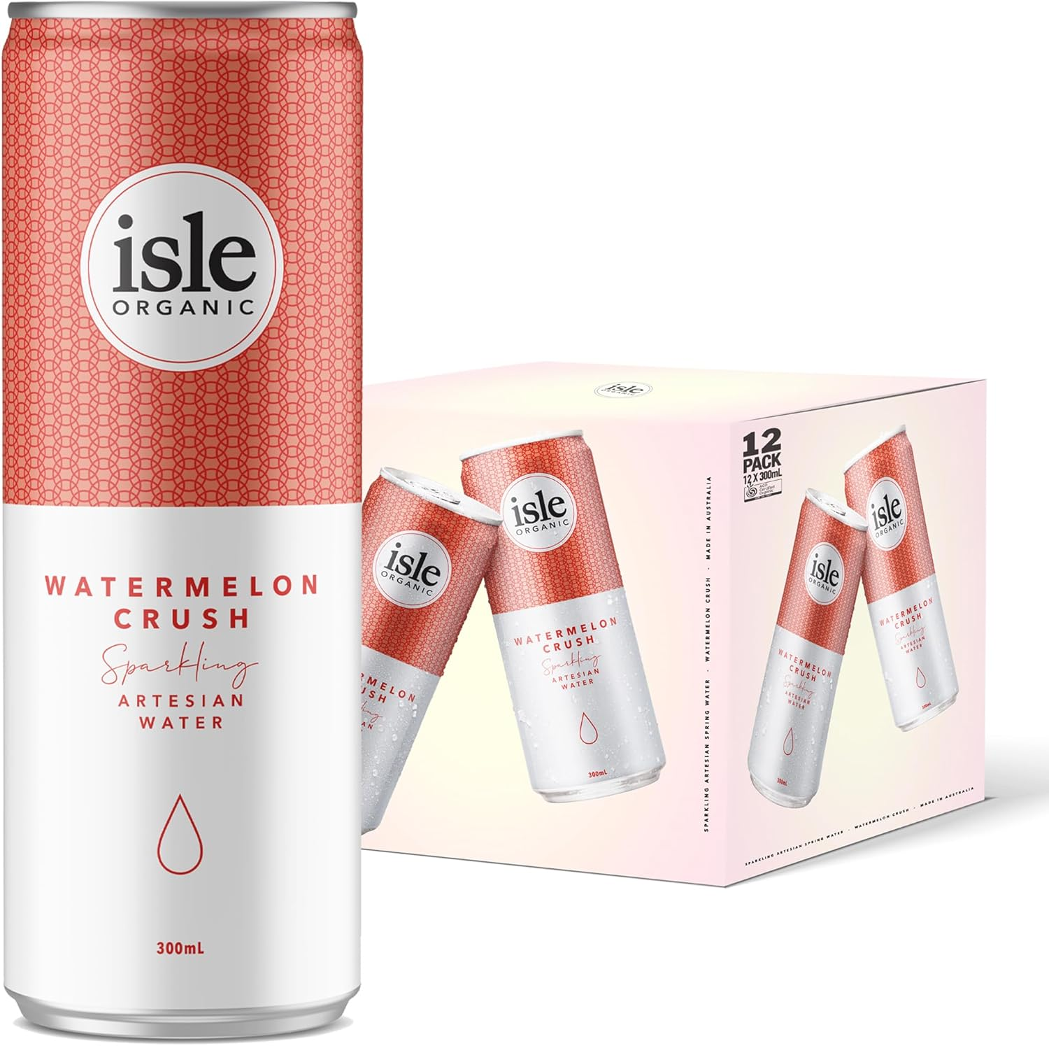 Sparkling Water, WATERMELON CRUSH, Certified Organic, Low Calorie, Flavoured Spring Water, Case of 12 Cans &ndash; Isle Organic image number 1