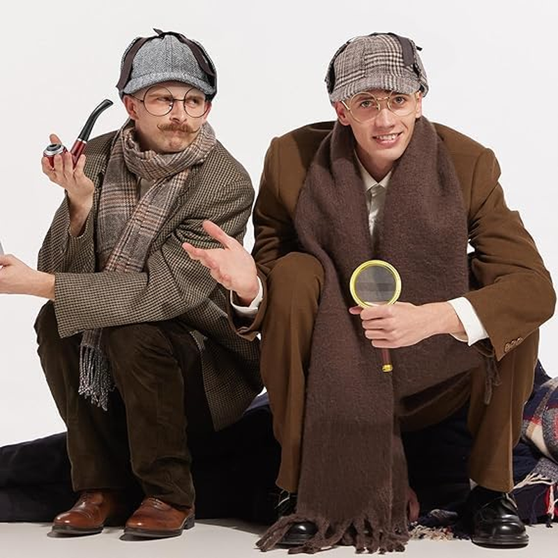 WOTOW Detective Costume Accessories Set - 6PCS Detective Costume Hat Detective Dress up Detective Prop Halloween Costume with Magnifying Glass Flat Glasses Bowtie Beards for Adults image number 6