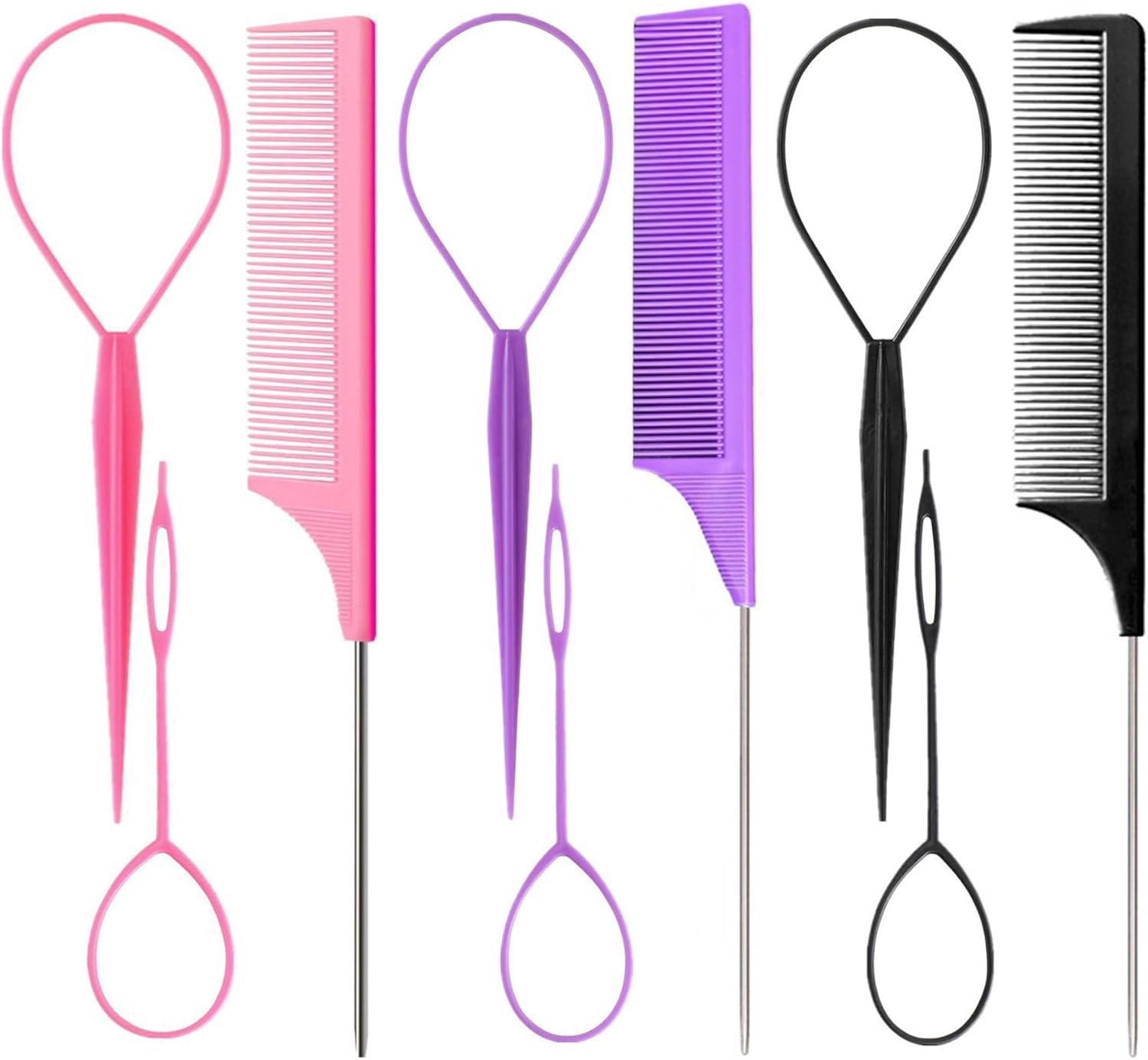 6 Pcs Hair Styling Tools Set - Topsy Tail Hair Tool, Rat Tail Comb, Slick Back Brush, Baby Hair Brush, Edge Brush, Smoothing Comb for Women Girls