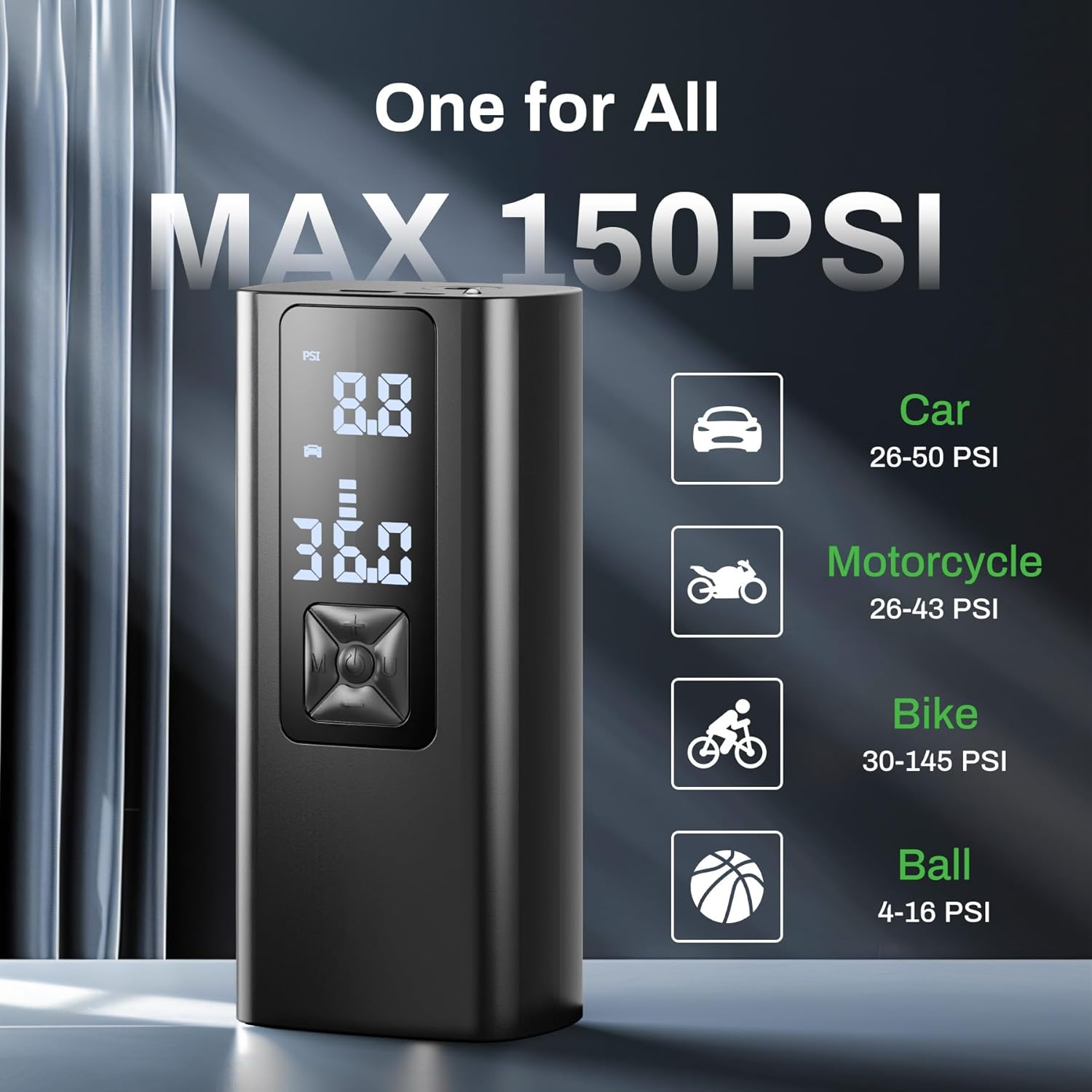 Tire Inflator Portable, AT003 Air Compressor for Car Tires, Tire Inflator 150PSI with 6000Mah Battery, Pressure Gauge & LED Screen, Auto Air Pump for Car, Motorcycle, Bike, Ball image number 5