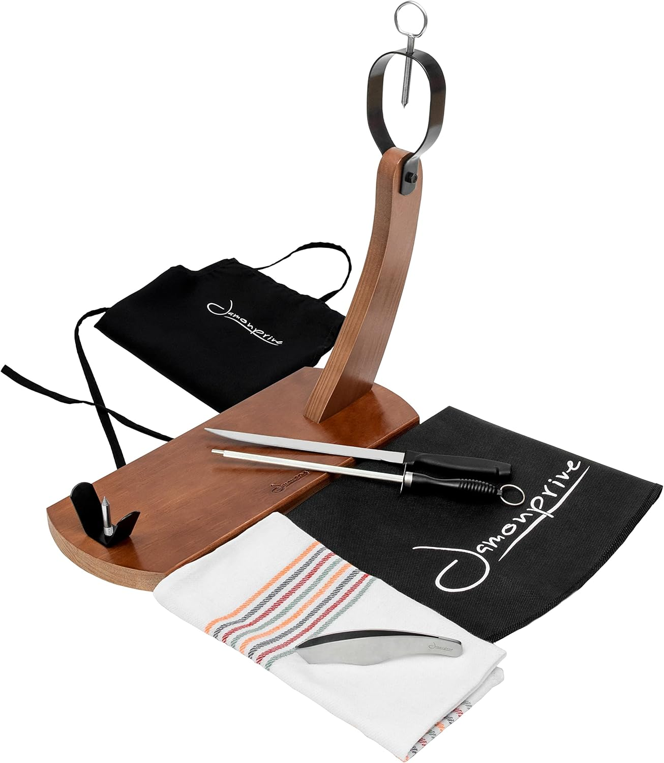 Jamonprive Professional Ham Stand Lacquered with Ham Knife + Sharpening Steel + Ham Cover + Kitchen Cloth + Apron + Tongs - Ham Holder Ideal for Serrano Ham, Iberico Ham and Italian Prosciutto - image number 1