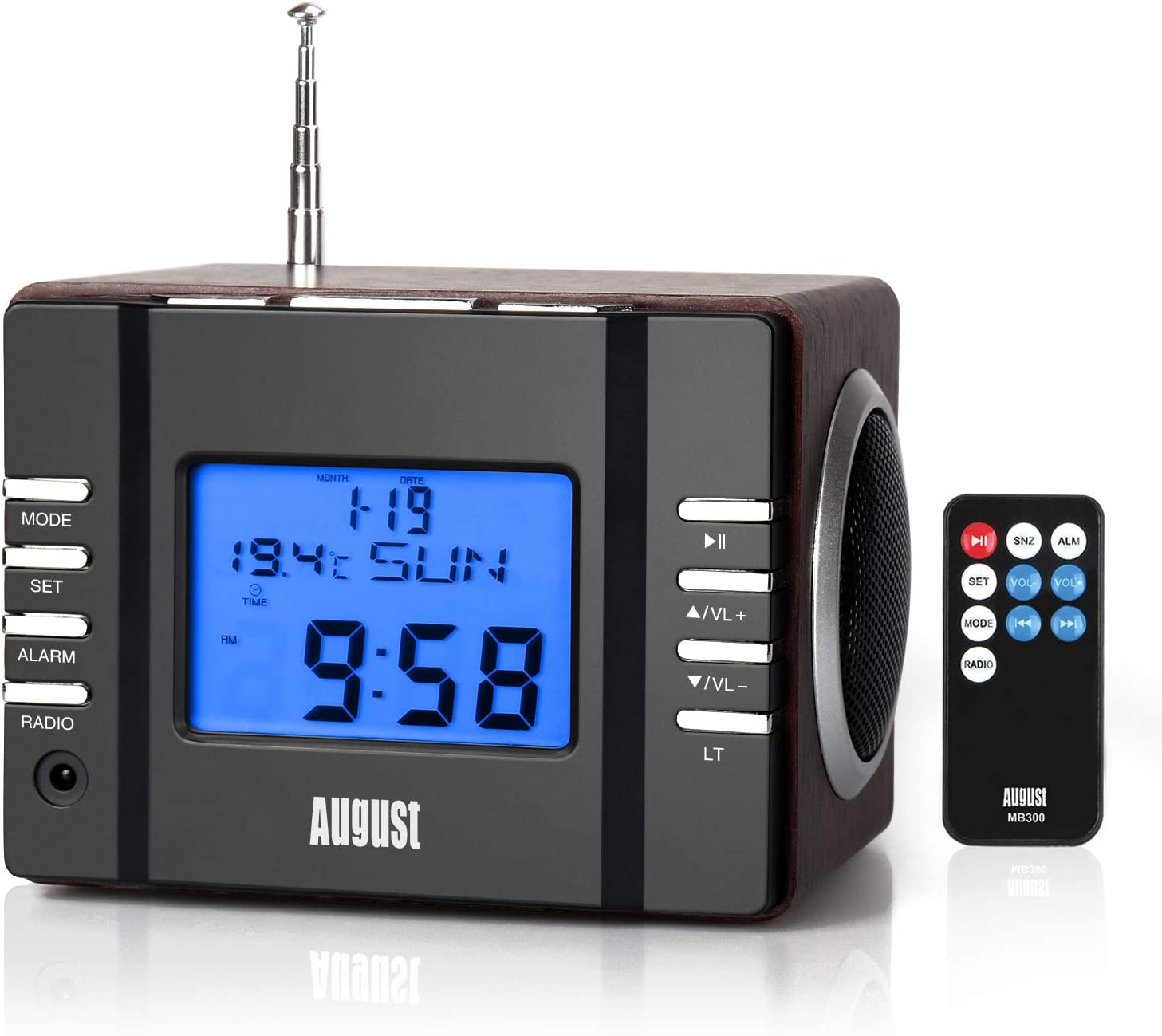 Clock Radio with MP3 Alarm - August MB300 - Wake to Your Favourite Music from USB and SD or FM Station - Rechargeable Portable Speaker with Remote Control [Dark Wood] image number 2