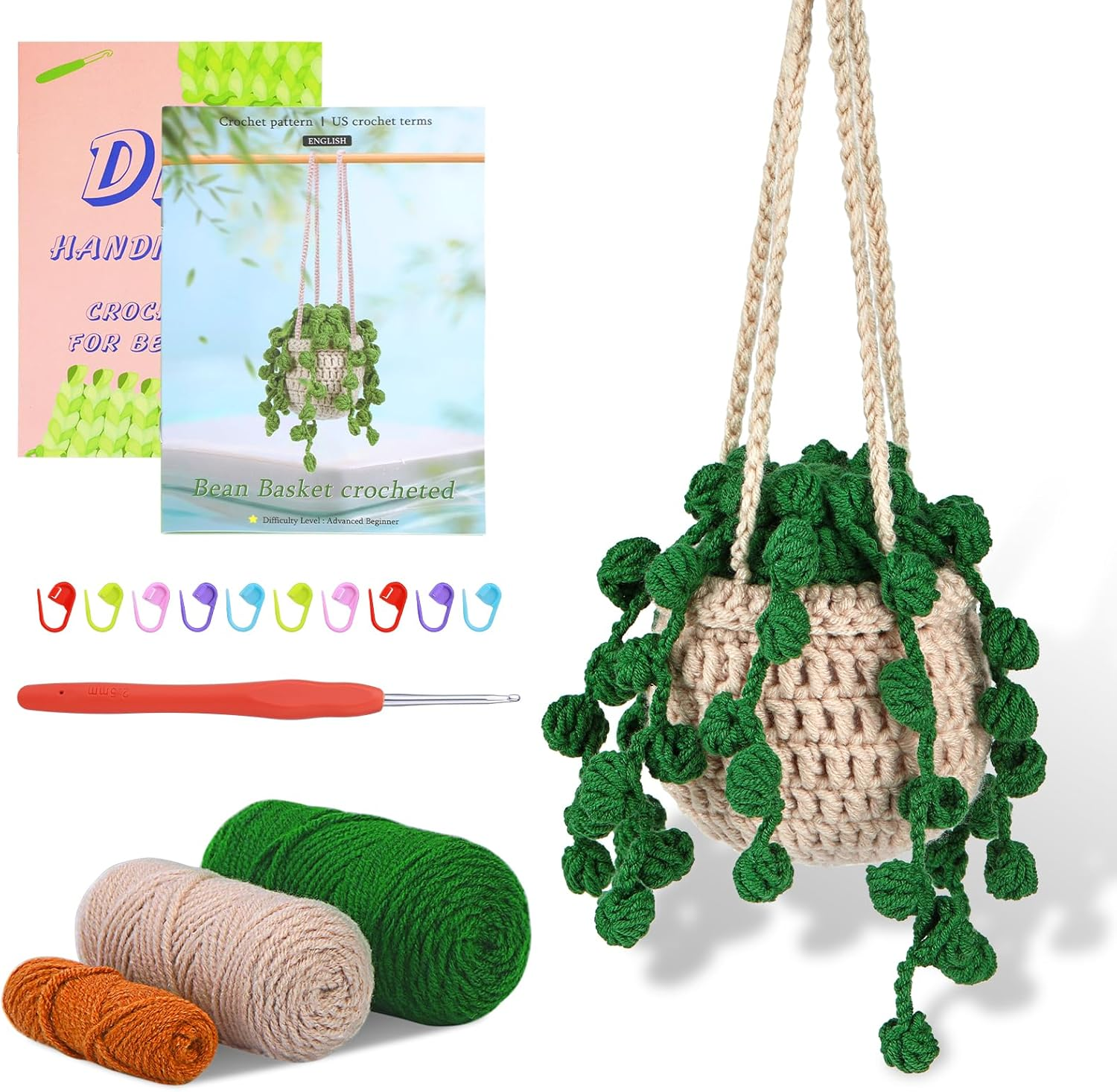 Kdafio Crochet Kit for Beginners, 2 Pcs Hanging Potted Plants Crochet Starter Kit with Step-By-Step Instructions and Video Tutorials Complete Crochet Kit for Beginners Decoration (Leaf Potted Plant)