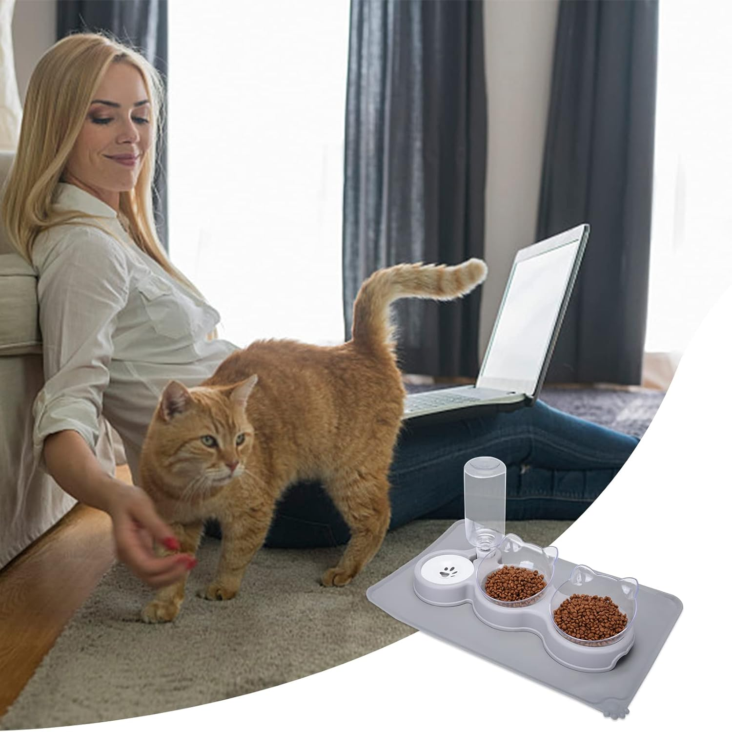 JOELELI Cat Bowls, Double Feeding Bowls for Pets, 15&deg; Tilted Dog Bowl with Automatic Water Bottle and Mat, Cat Bowl, Perfect for Puppies, Cats and Small Dogs image number 1