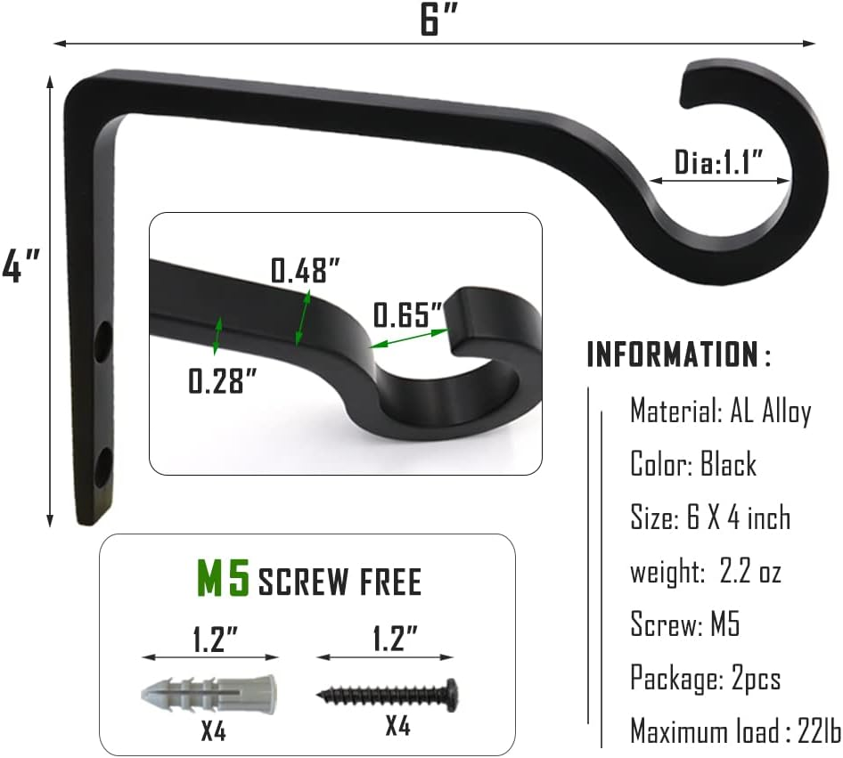 Hanging Plant Bracket 6Inch Metal Plant Hook Shepherds Hook Decorative Wall Plant Hanger for Hanging Lanterns, Bird Feeder, Flower Basket, Home Decor Indoor & Outdoor 2 Pack (Black) - 1, Black image number 2