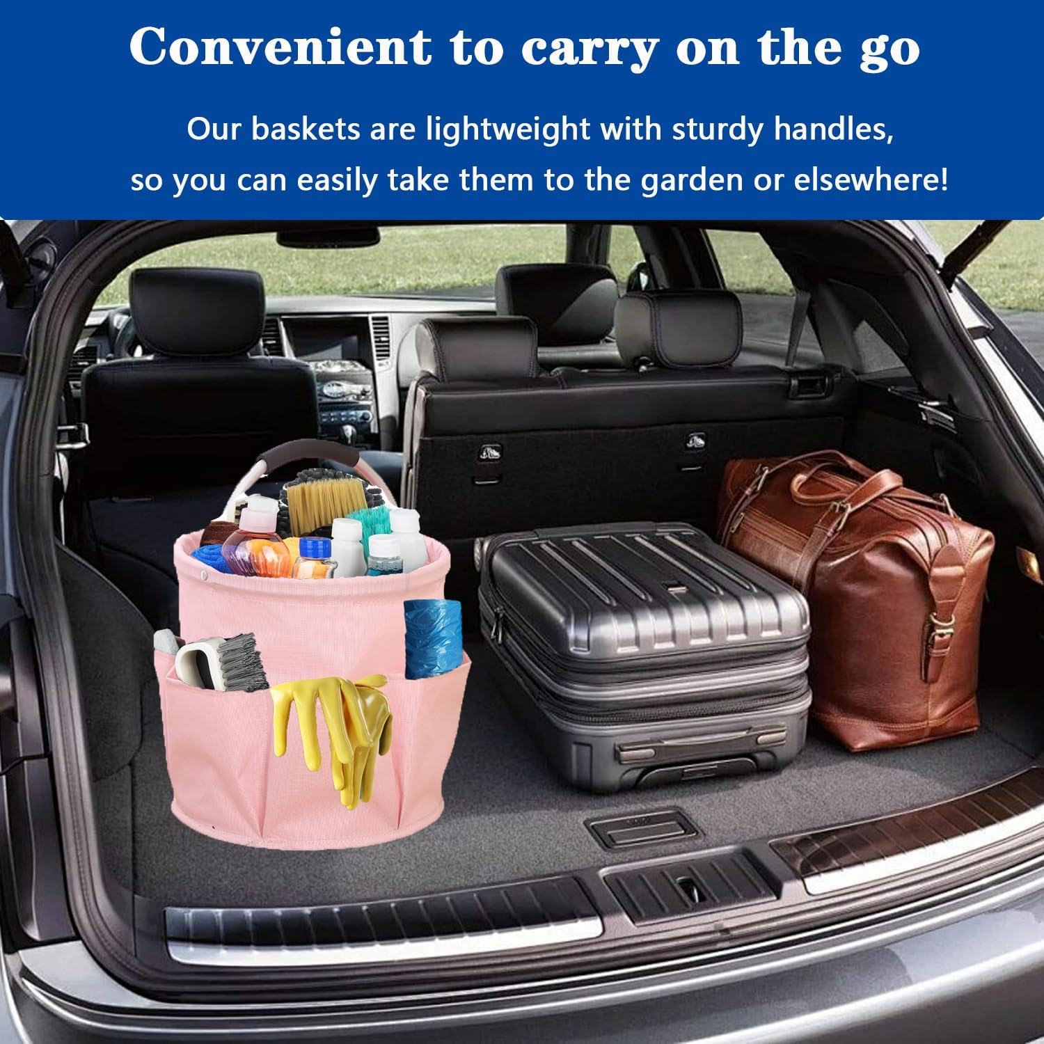 Cleaning Supplies Organiser, Cleaning Bag, Foldable Cleaning Bag, Cleaning Bag, Cleaning Agent Organiser Portable with Handle and Six Pockets for Indoor, Garden, Bathroom, Black (Pink) - Black image number 6