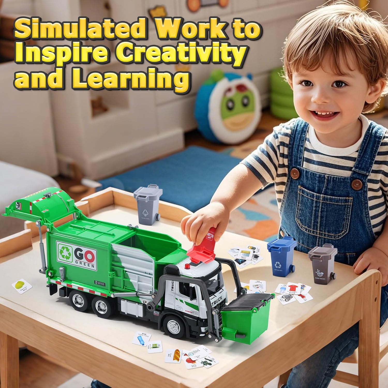HOLYFUN 12'' Electric Garbage Truck Set with Lights & Sounds, Front Loader, Metal Cab, Friction-Powered Vehicle Cars with Dumpster, 4 Trash Bins & Sorting Cards, Play Truck Toy Kids Toddlers image number 2