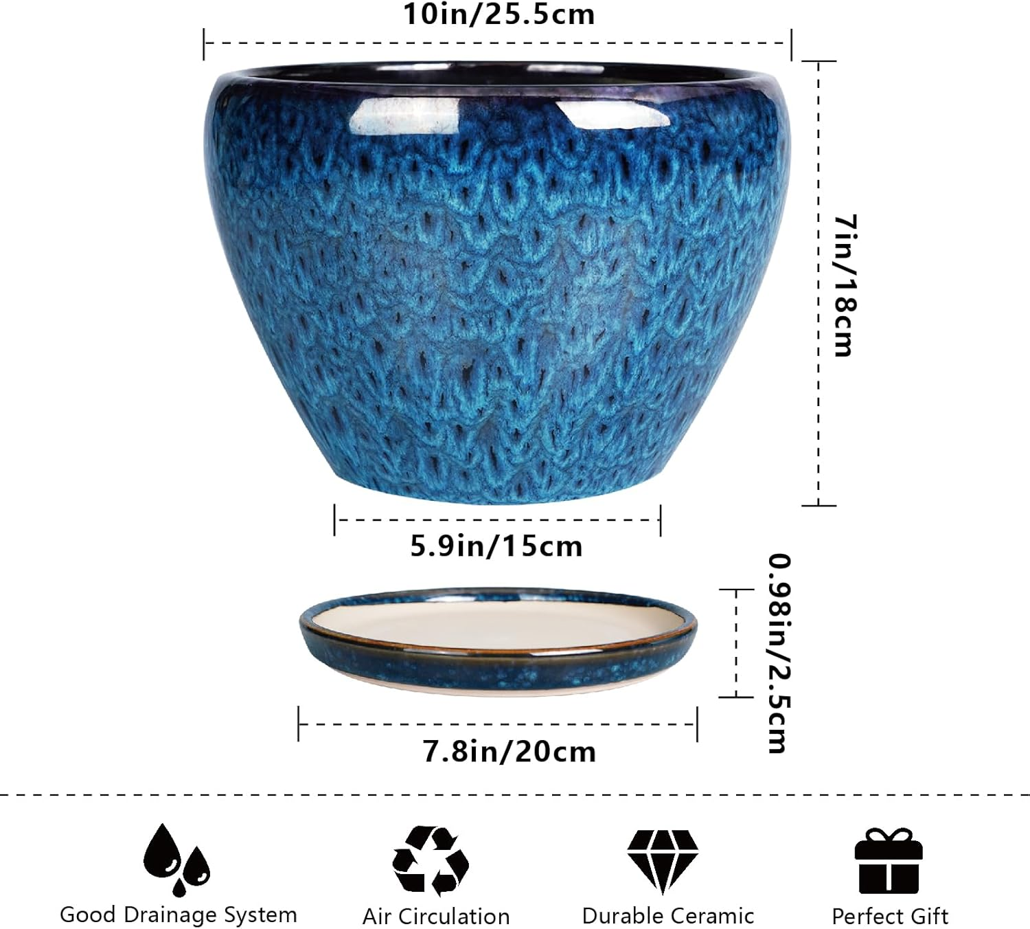 10 Inch Ceramic Planter Pot, Ceramic Plant Pot for Indoor Outdoor Plants, Large Flower Pot with Drainage Hole and Saucer, Blue image number 5