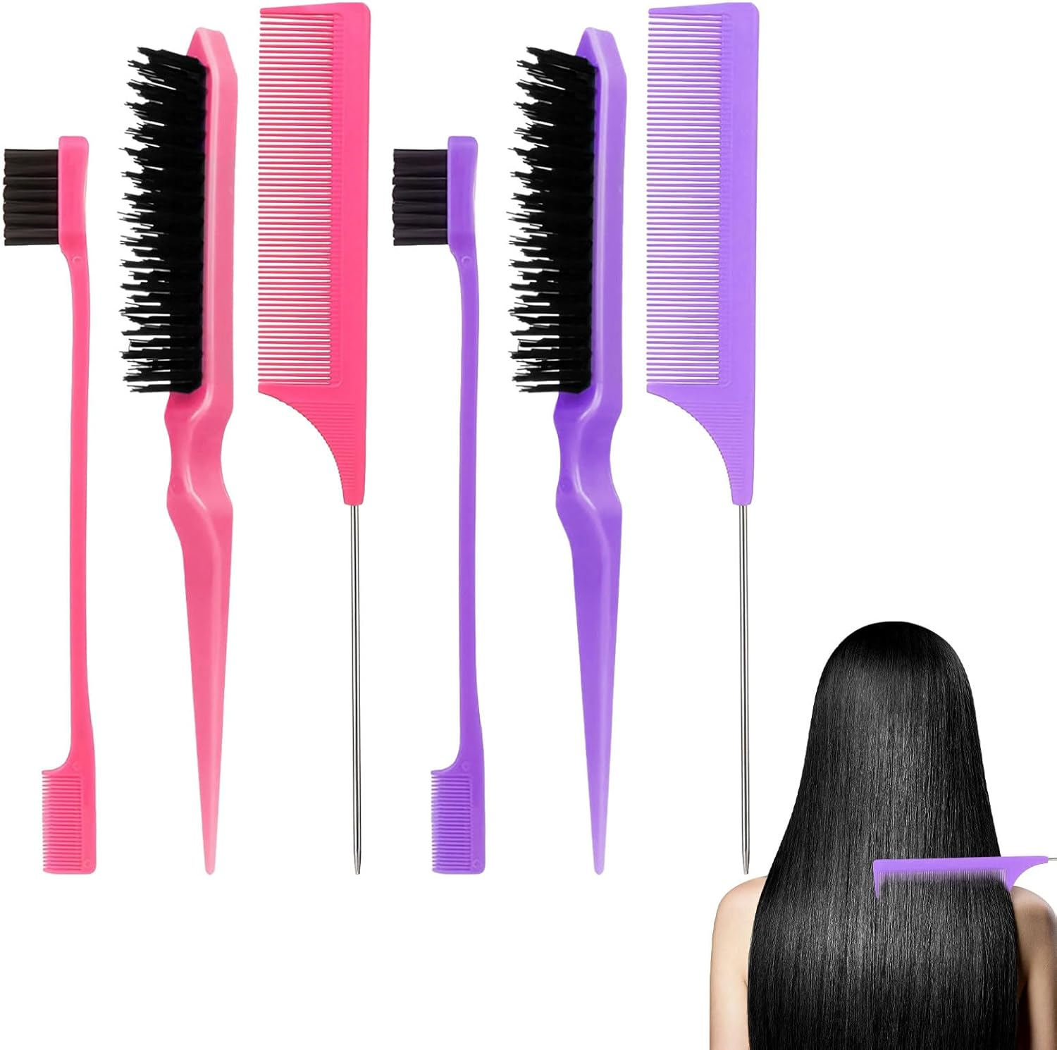Slick Back Brush, 6 Pcs Slick Brush Set, Slick Hair Brush, Bristle Hair Brush, Rat Tail Comb, Edge Brush, Hair Styling Tools for Women Parting Comb Styling Tools & Appliances (Pink & Purple) image number 4