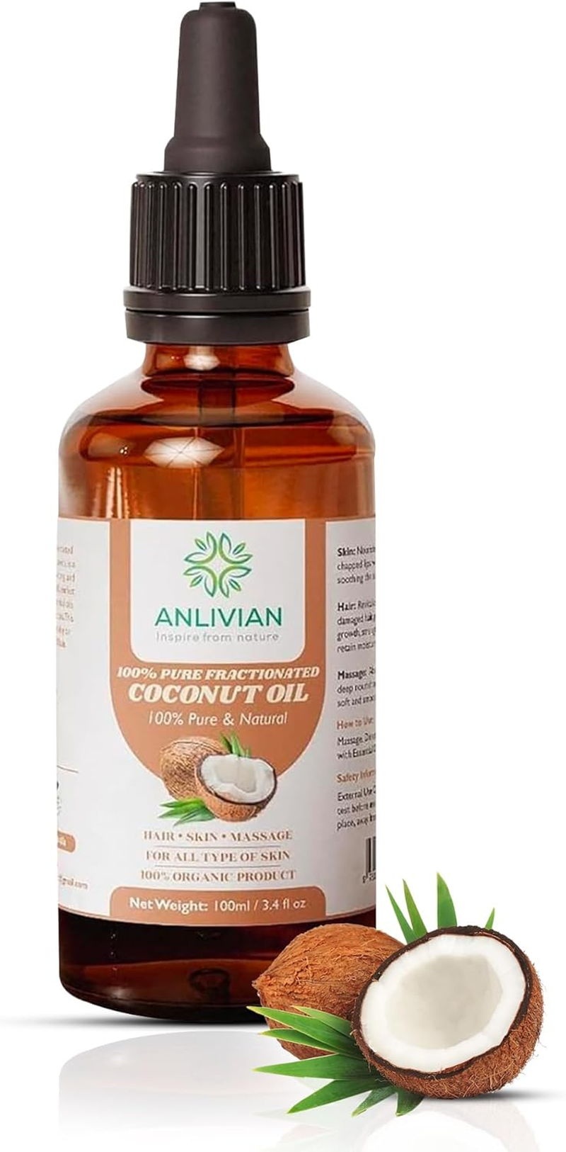 Organic Fractionated Coconut Oil 250Ml &ndash; Pure & Natural Carrier Oil for Hair, Skin & Body &ndash; Moisturiser, Massage&ndash; Vegan & Non-Gmo by Anlivian (250ML) image number 1