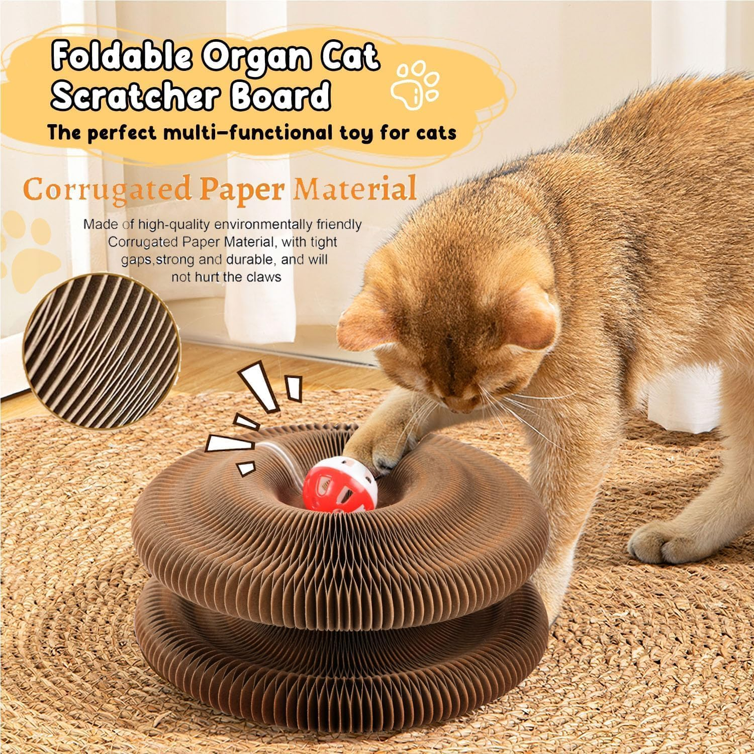 Kitty Kurlz Cat Toy, Magic Organ Cat Scratch Board, Foldable Cat Accordion Toy, Magic Cat Scratching Board, Interactive Scratch Pad with a Ball, Cat Scratchers for Physical Exercise Cats Indoor image number 3
