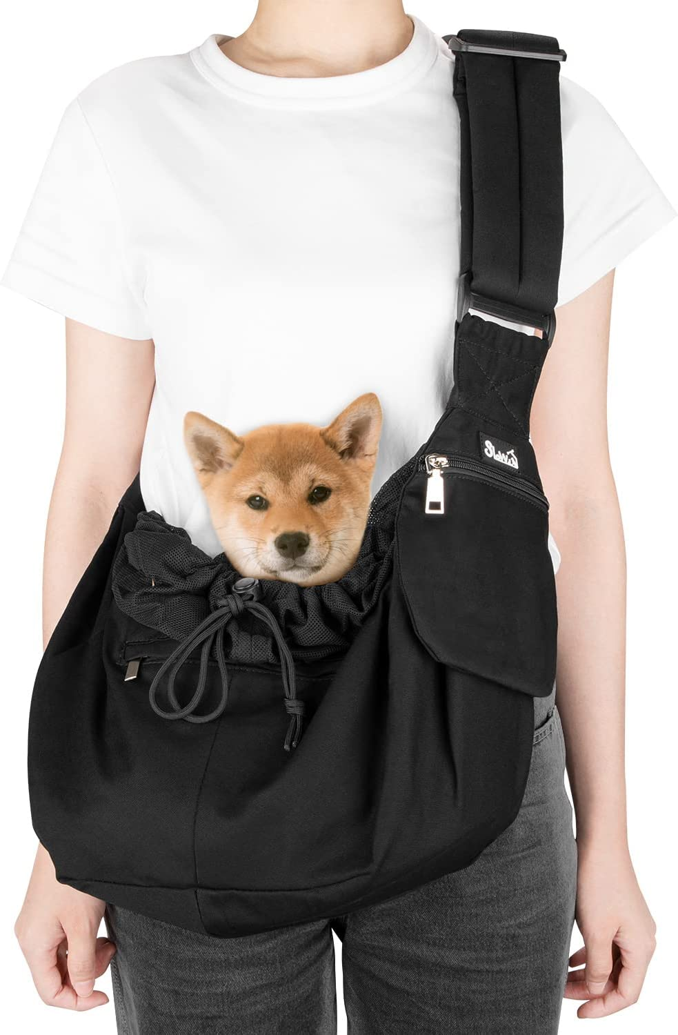 Slowton Pet Sling Carrier, Comfortable Hard Bottom Support Small Dog Papoose Sling Adjustable Padded Shoulder Strap Hand Free Puppy Cat Carry Bag with Drawstring Opening Zipper Pocket Safety Belt