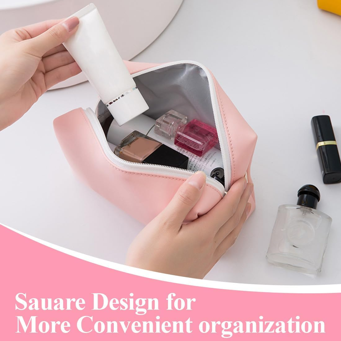 JYNVO Women'S Mini Travel Cosmetic Bag Set, PU Leather Makeup Bag Waterproof + Brush Organiser, Practical for Makeup Storage & Travel image number 5