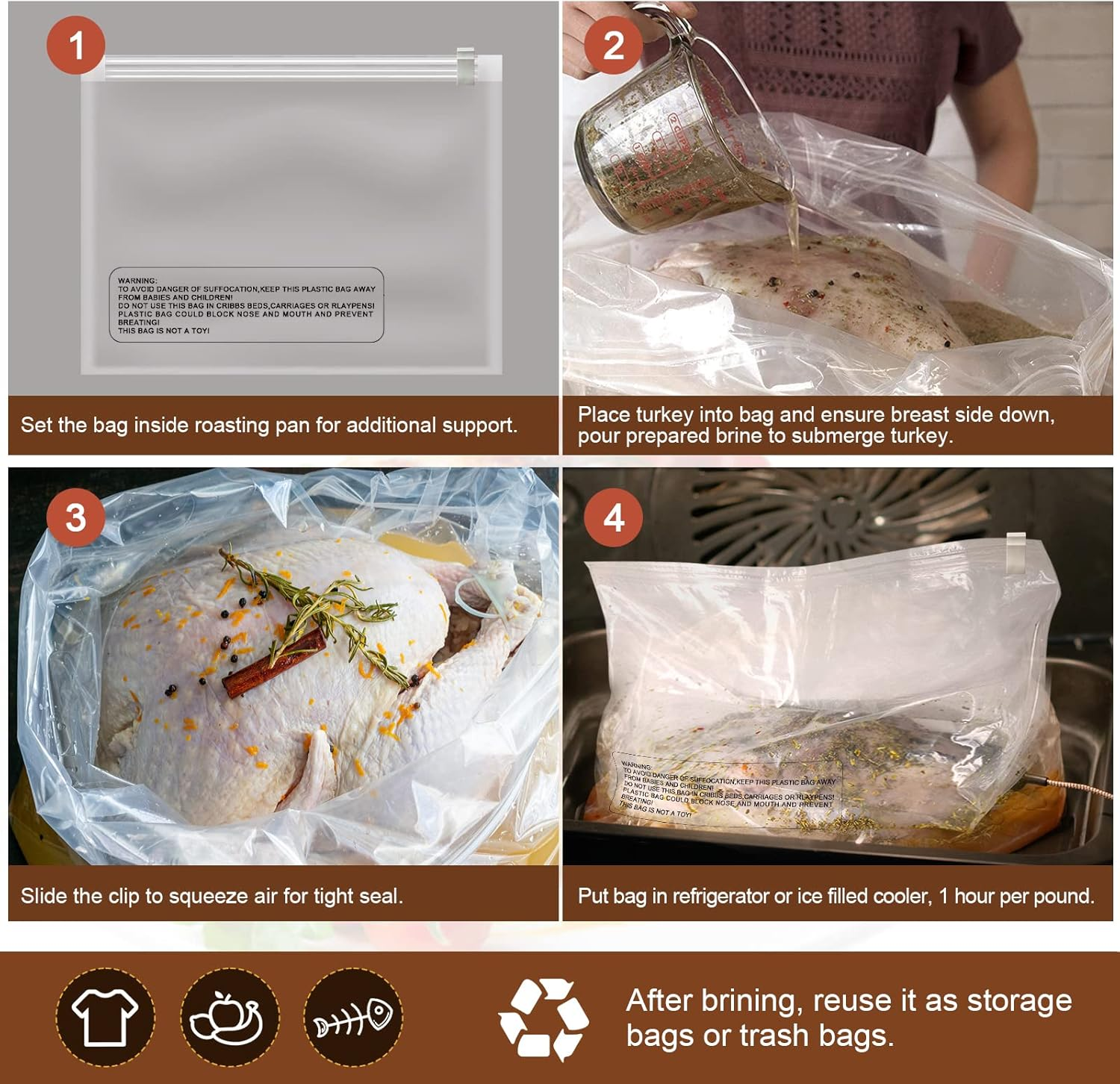 Turkey Brining Bag, 3 Pack Extra Large Thickened Brine Bag for Chicken, Double Zippers Seal Brine Bags for Beef/Pork, Holds up to 35Lbs image number 6